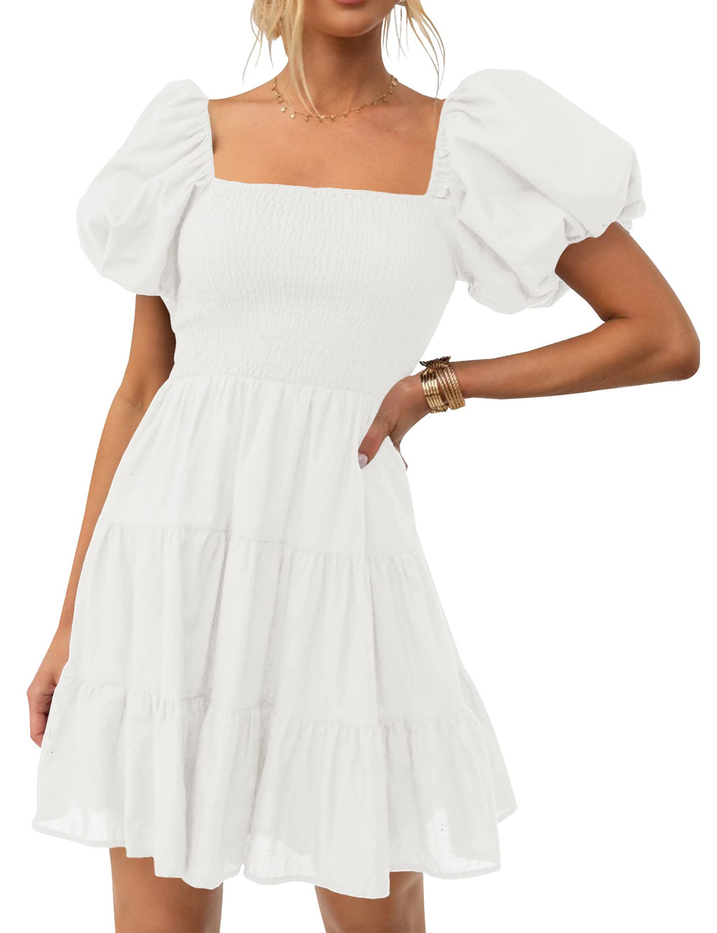 Luxuii Off Shoulder Square Neck Puff Sleeve Smocked ini Dress