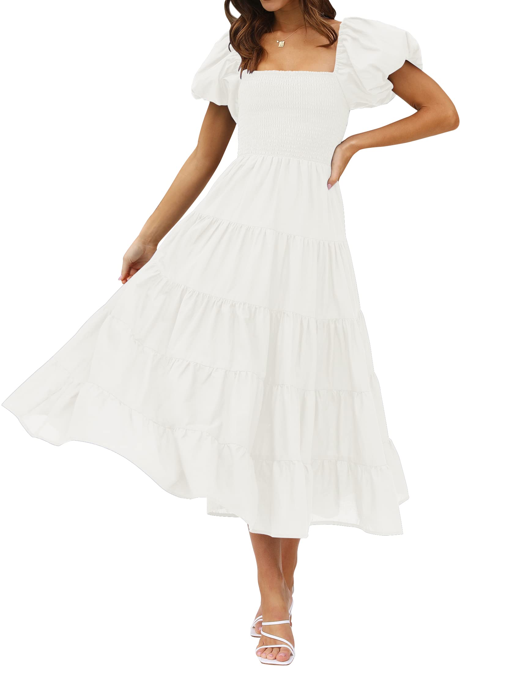 Luxuii Square Neck Smocked A Line Tiered Midi Dress