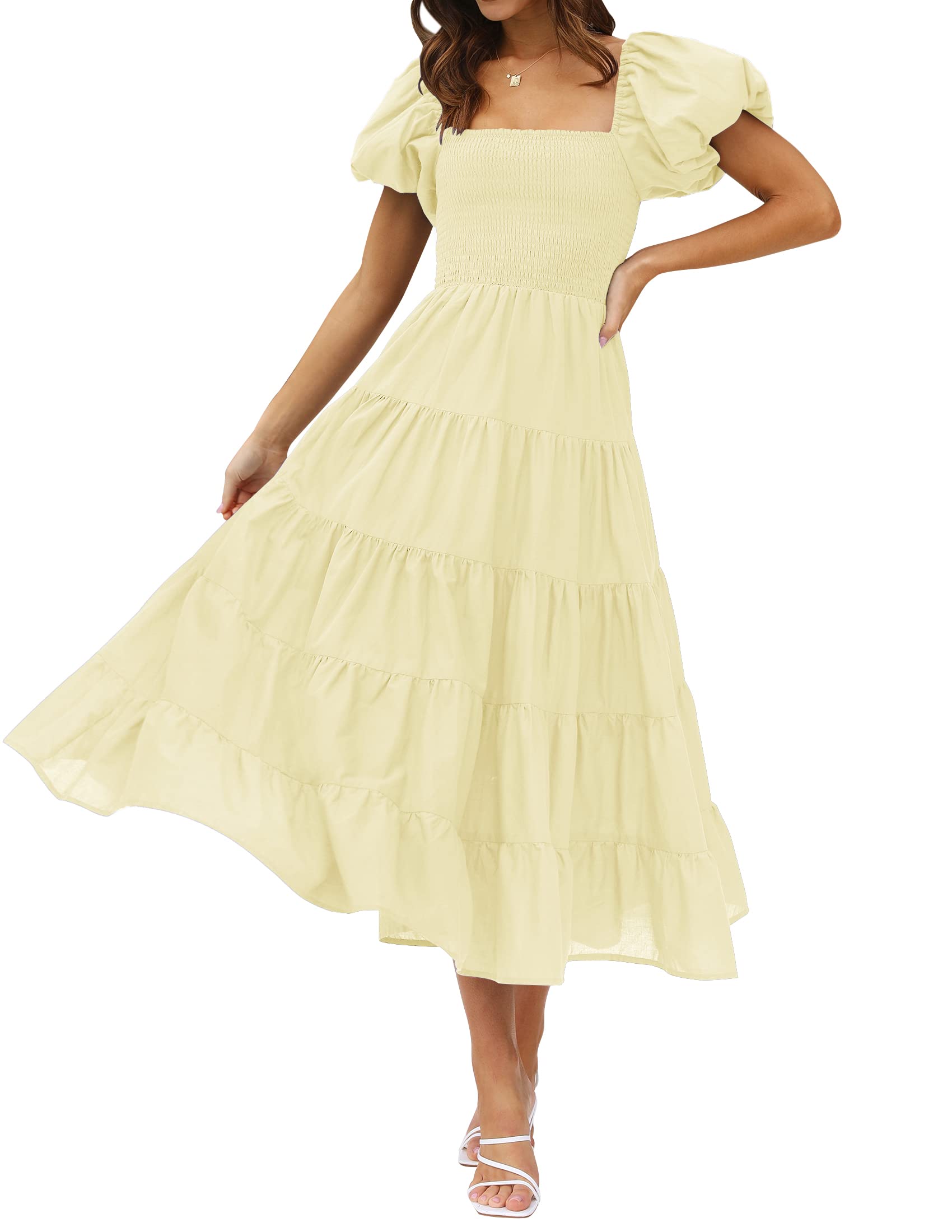 Luxuii Square Neck Smocked A Line Tiered Midi Dress