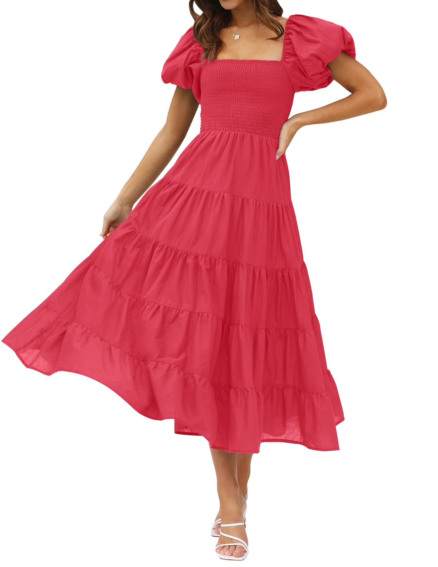 Luxuii Square Neck Smocked A Line Tiered Midi Dress
