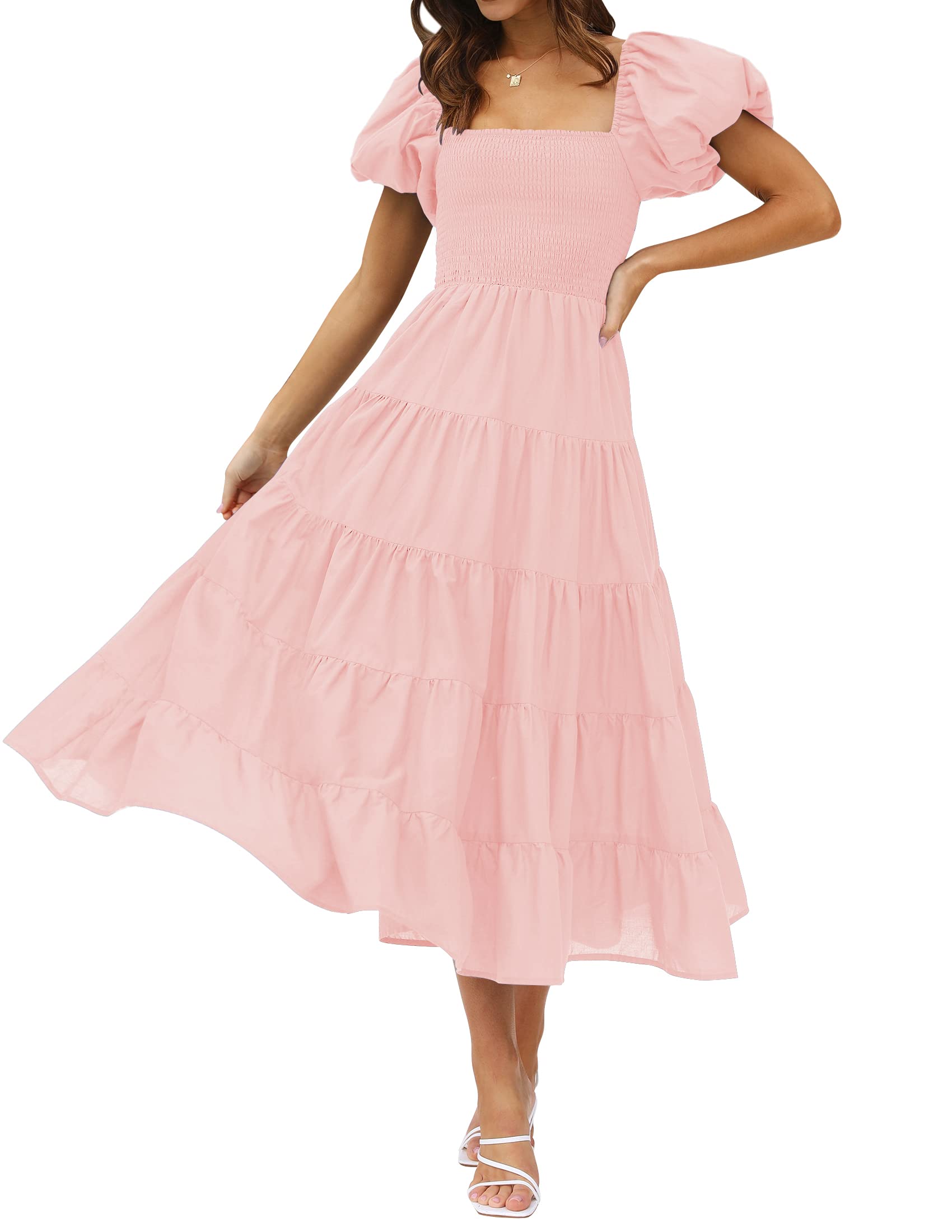 Luxuii Square Neck Smocked A Line Tiered Midi Dress