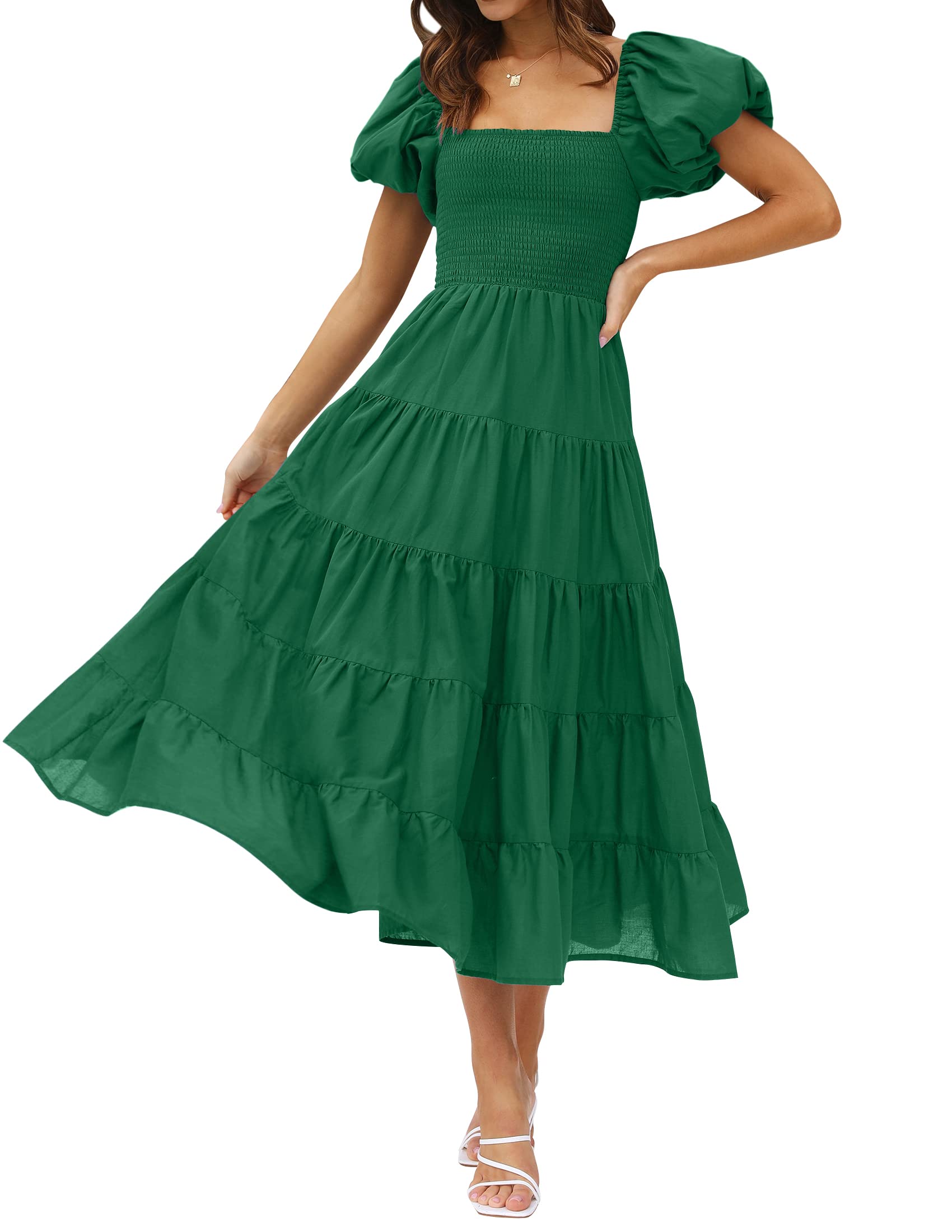 Luxuii Square Neck Smocked A Line Tiered Midi Dress