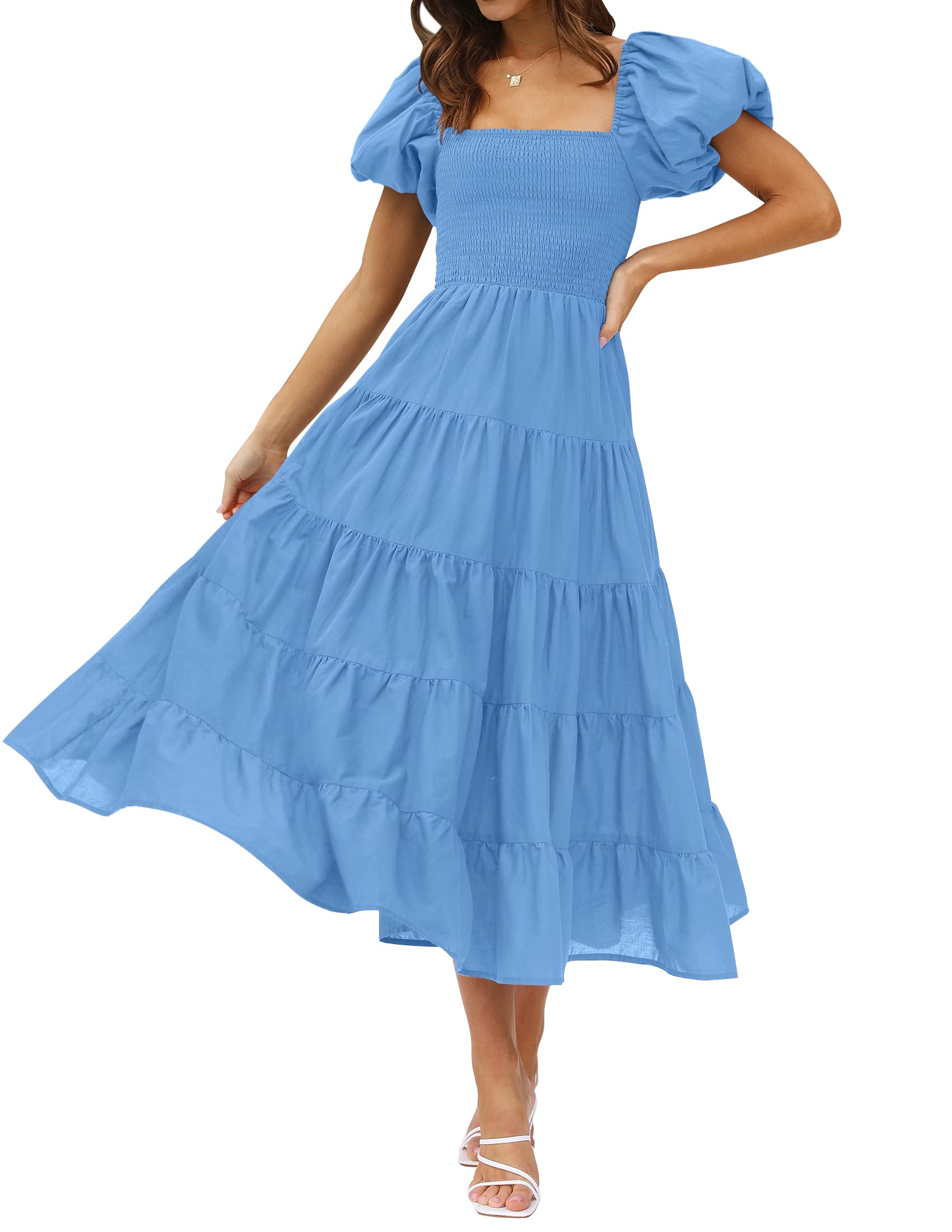 Luxuii Square Neck Smocked A Line Tiered Midi Dress