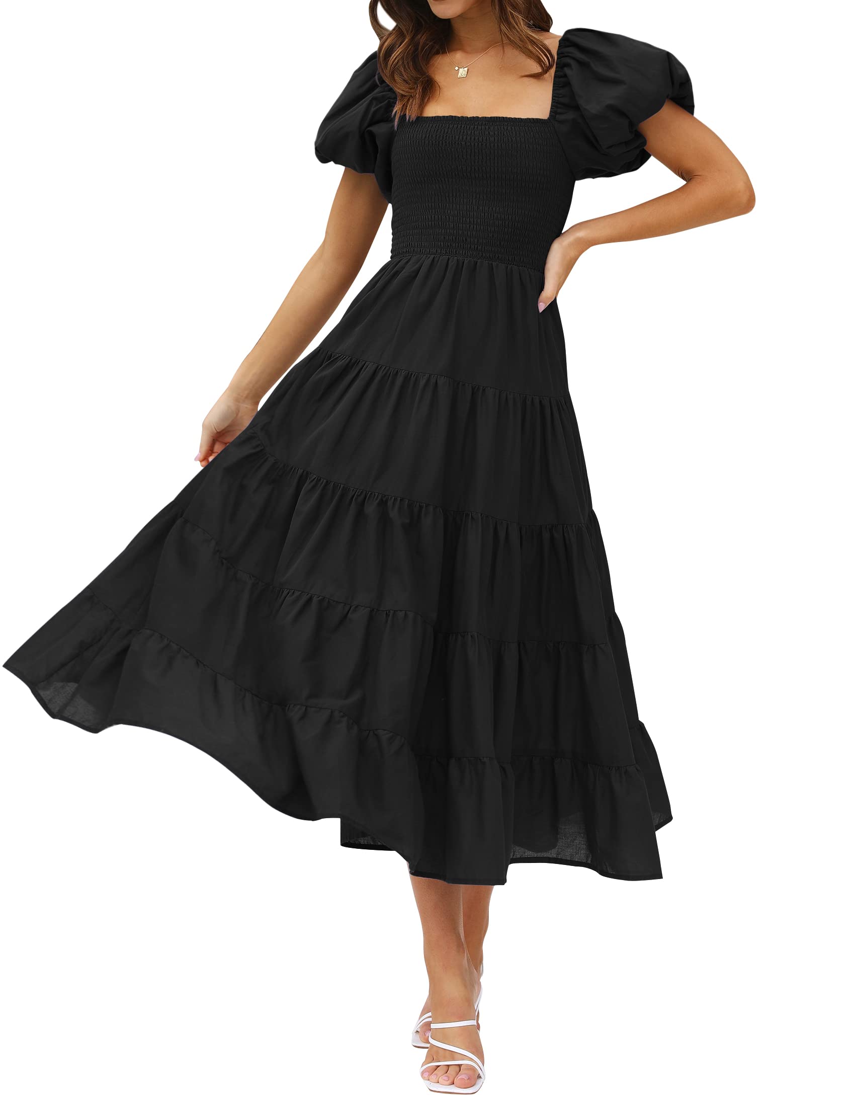 Luxuii Square Neck Smocked A Line Tiered Midi Dress