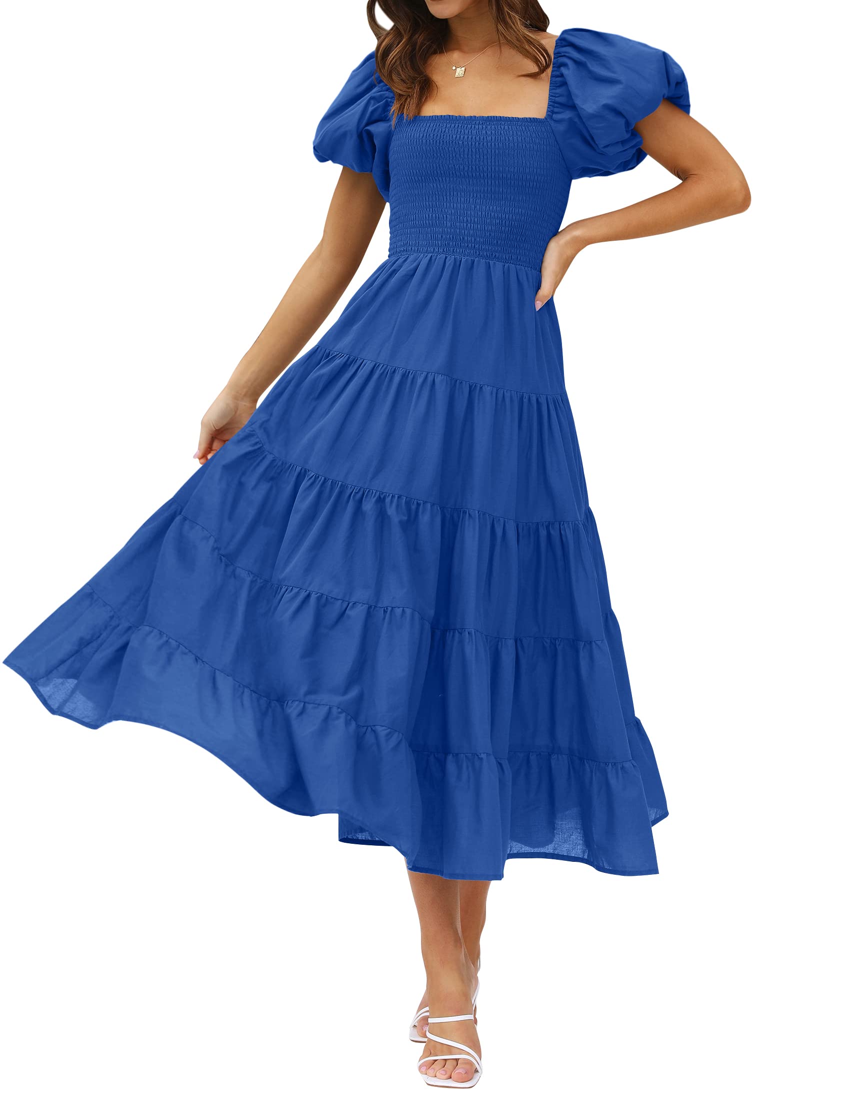 Luxuii Square Neck Smocked A Line Tiered Midi Dress