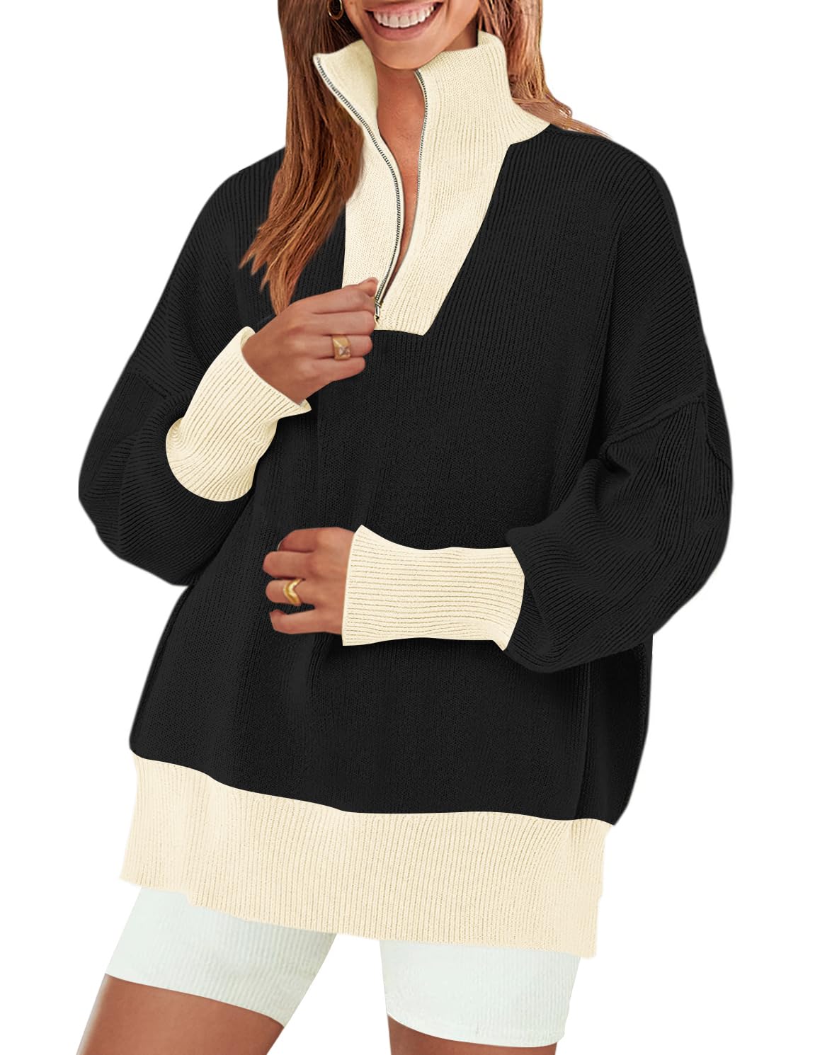 Luxuii Striped 1/4 Zipper Oversized Chunky Ribbed Sweater