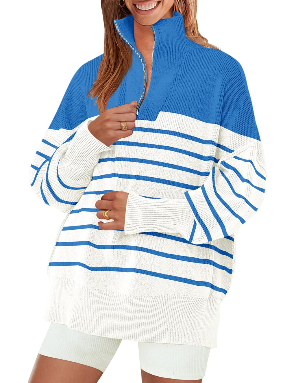Luxuii Striped 1/4 Zipper Oversized Chunky Ribbed Sweater