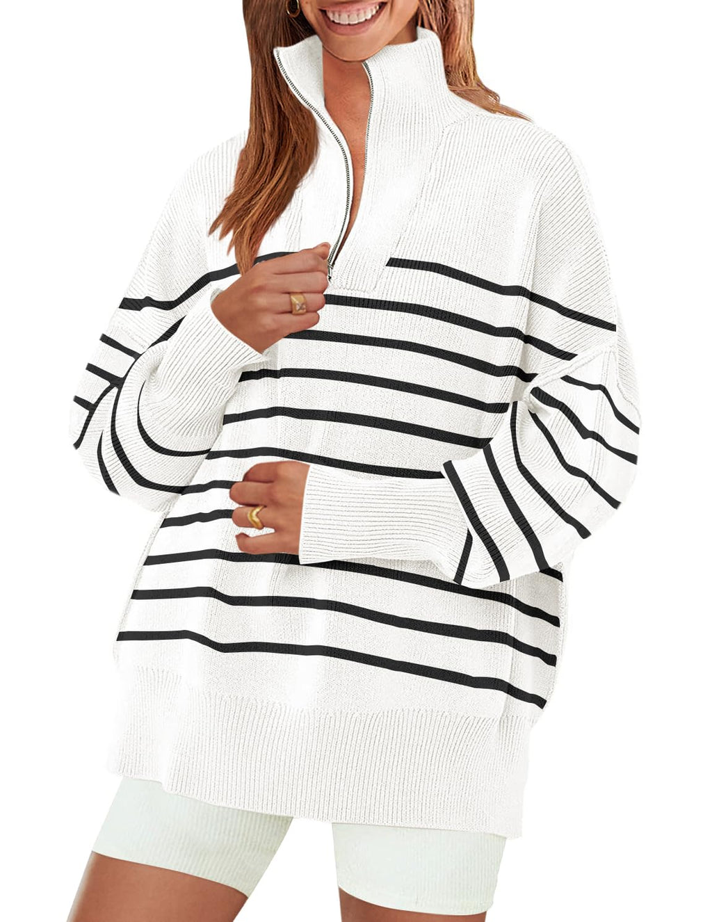 Luxuii Striped 1/4 Zipper Oversized Chunky Ribbed Sweater