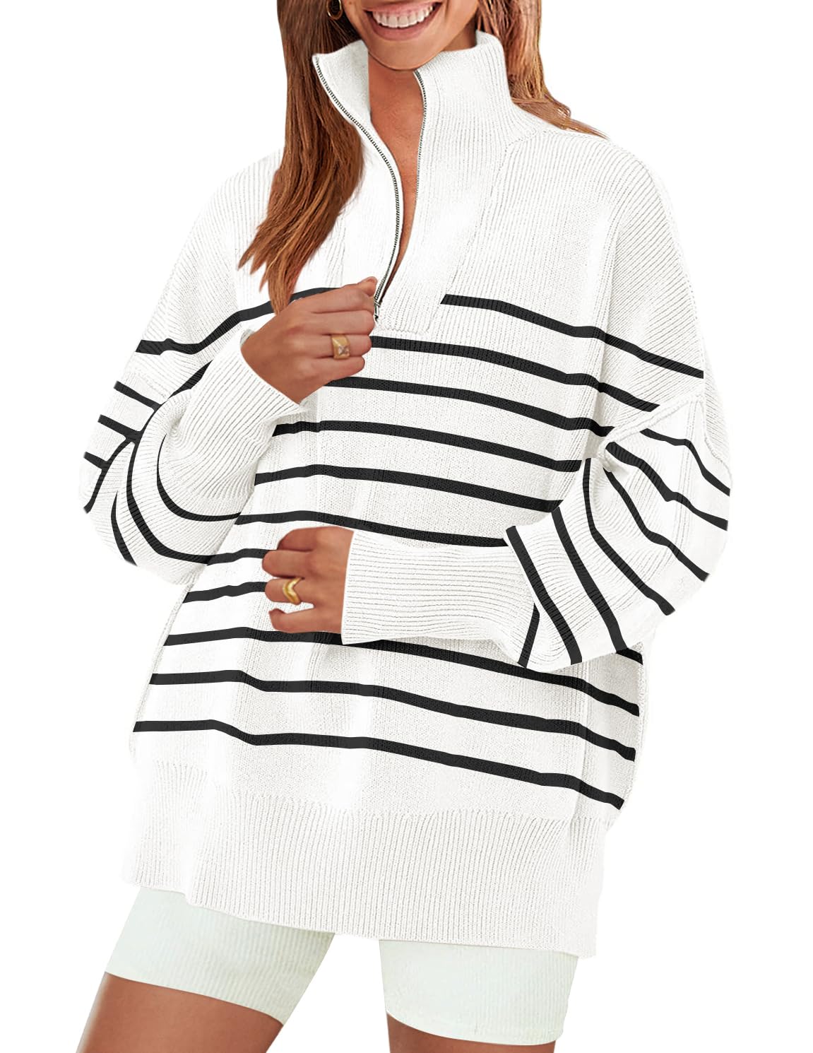 Luxuii Striped 1/4 Zipper Oversized Chunky Ribbed Sweater