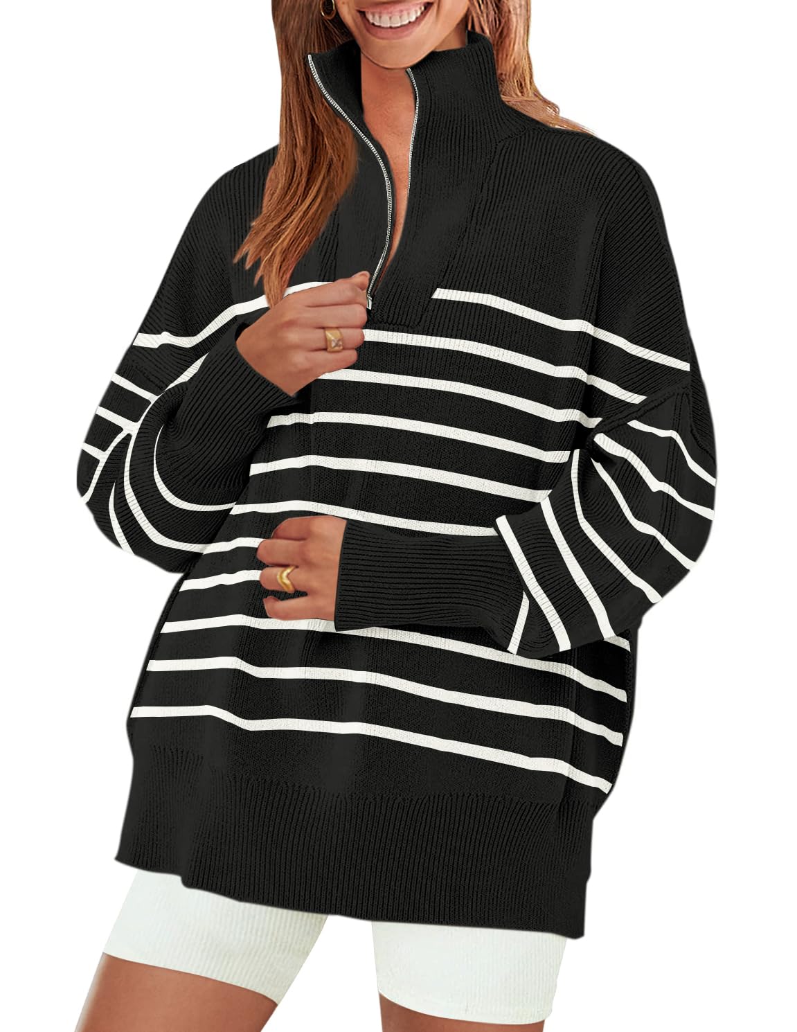Luxuii Striped 1/4 Zipper Oversized Chunky Ribbed Sweater