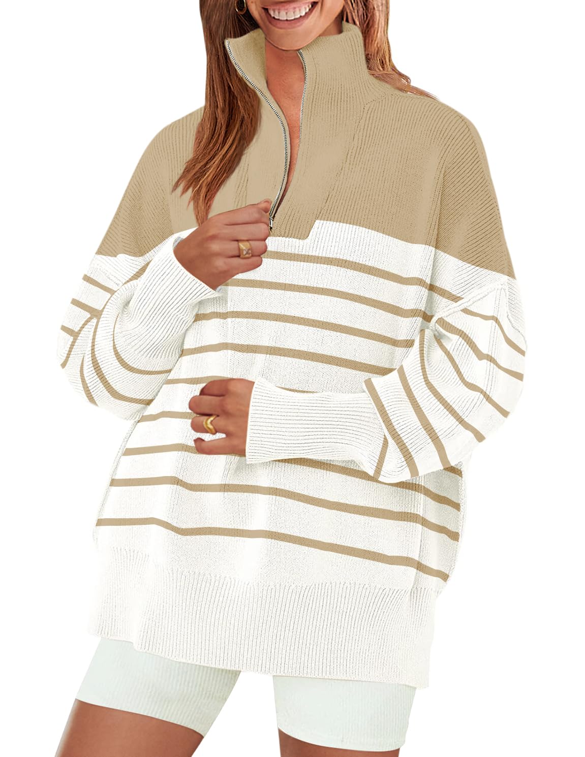 Luxuii Striped 1/4 Zipper Oversized Chunky Ribbed Sweater