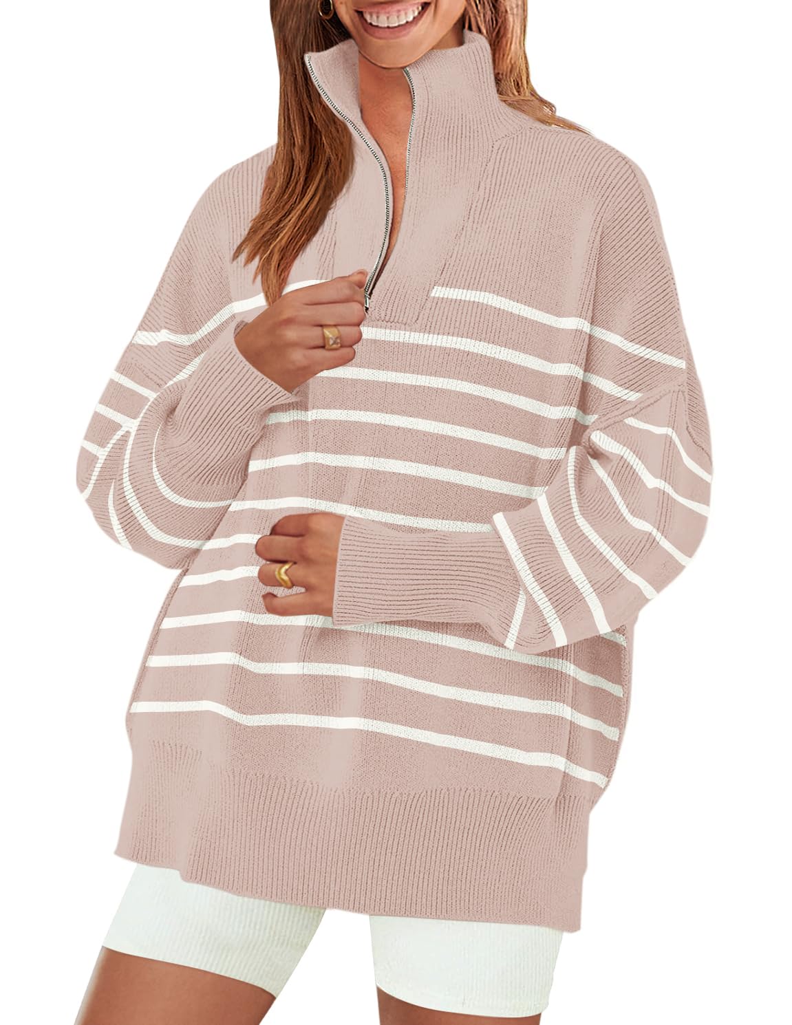 Luxuii Striped 1/4 Zipper Oversized Chunky Ribbed Sweater