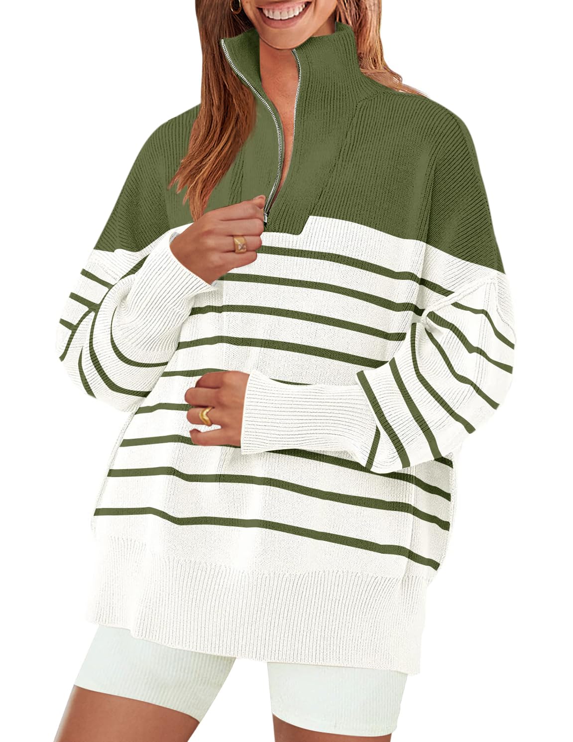 Luxuii Striped 1/4 Zipper Oversized Chunky Ribbed Sweater