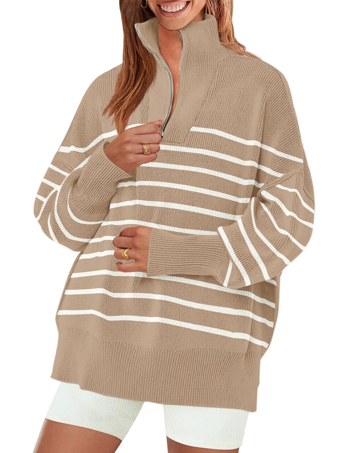 Luxuii Striped 1/4 Zipper Oversized Chunky Ribbed Sweater