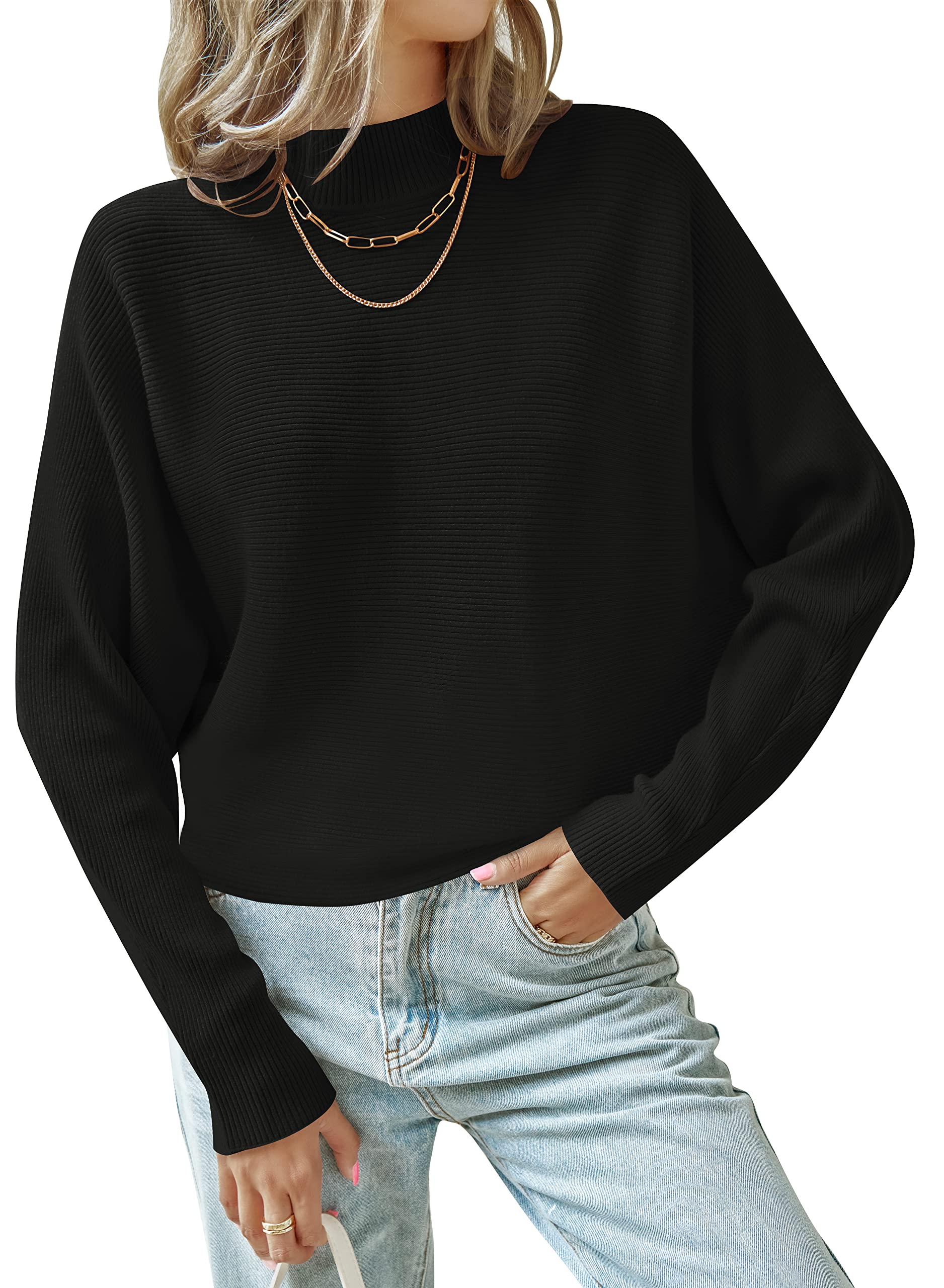 Luxuii Turtleneck Batwing Sleeve Ribbed Knit Sweater