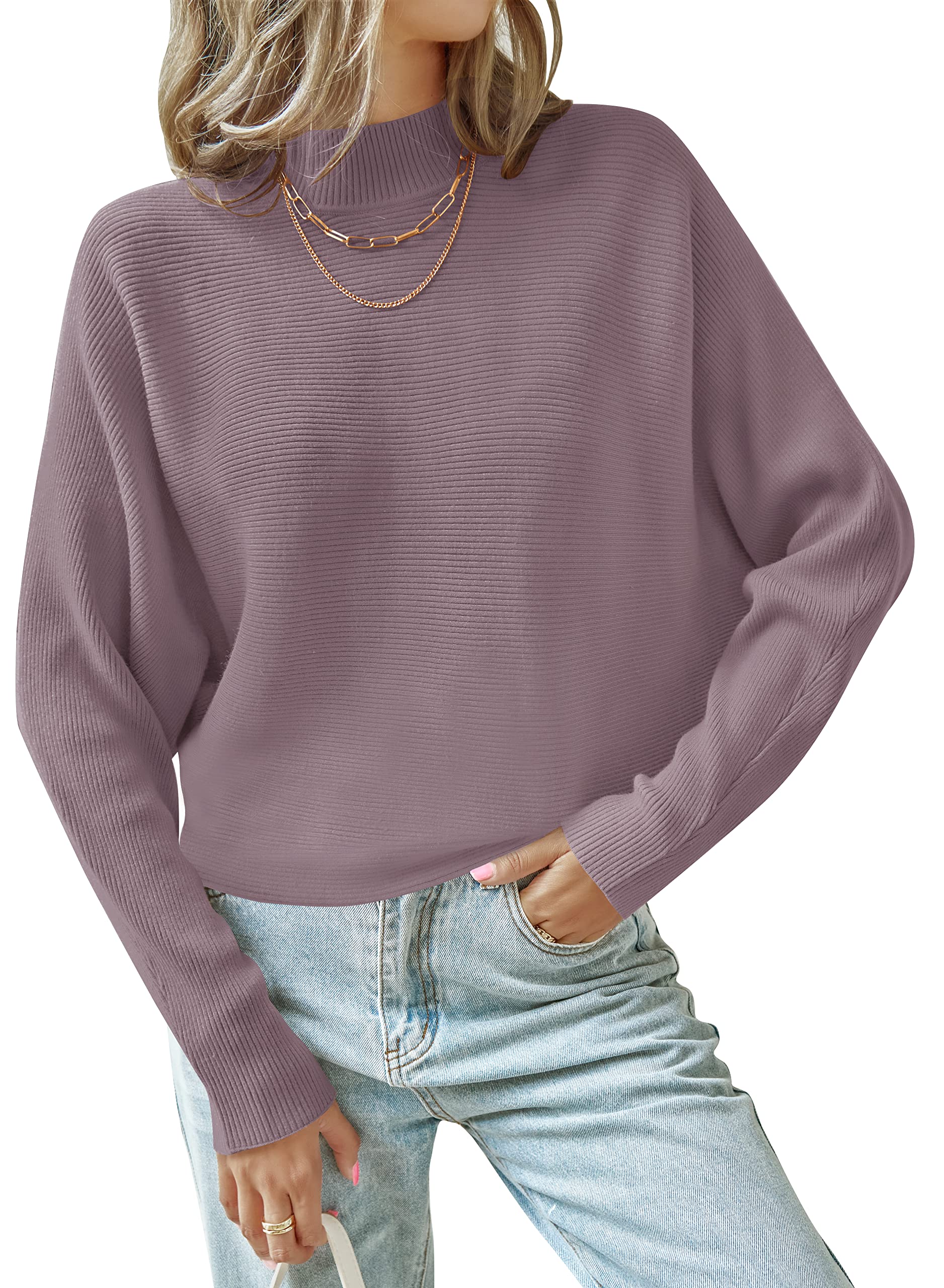 Luxuii Turtleneck Batwing Sleeve Ribbed Knit Sweater
