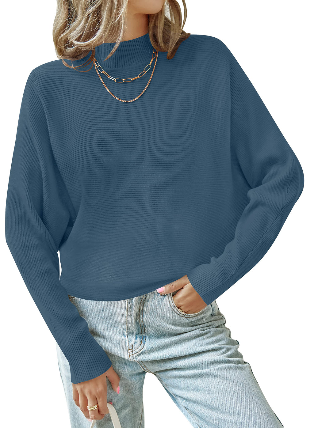 Luxuii Turtleneck Batwing Sleeve Ribbed Knit Sweater