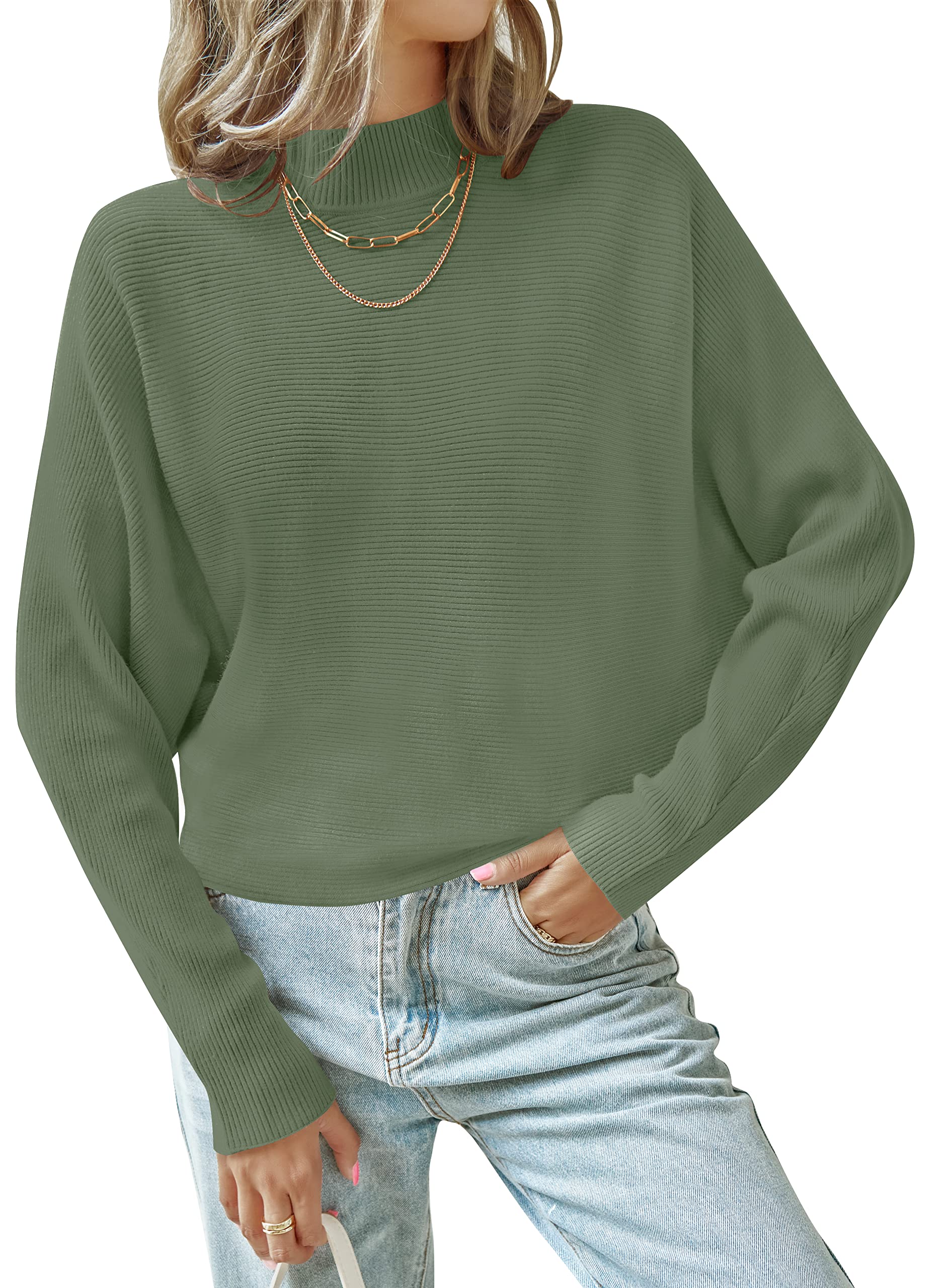 Luxuii Turtleneck Batwing Sleeve Ribbed Knit Sweater