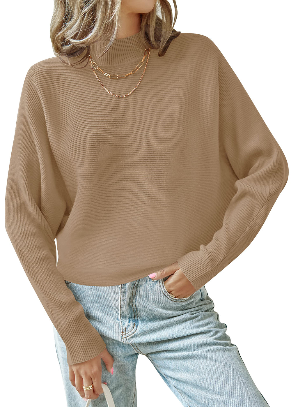Luxuii Turtleneck Batwing Sleeve Ribbed Knit Sweater