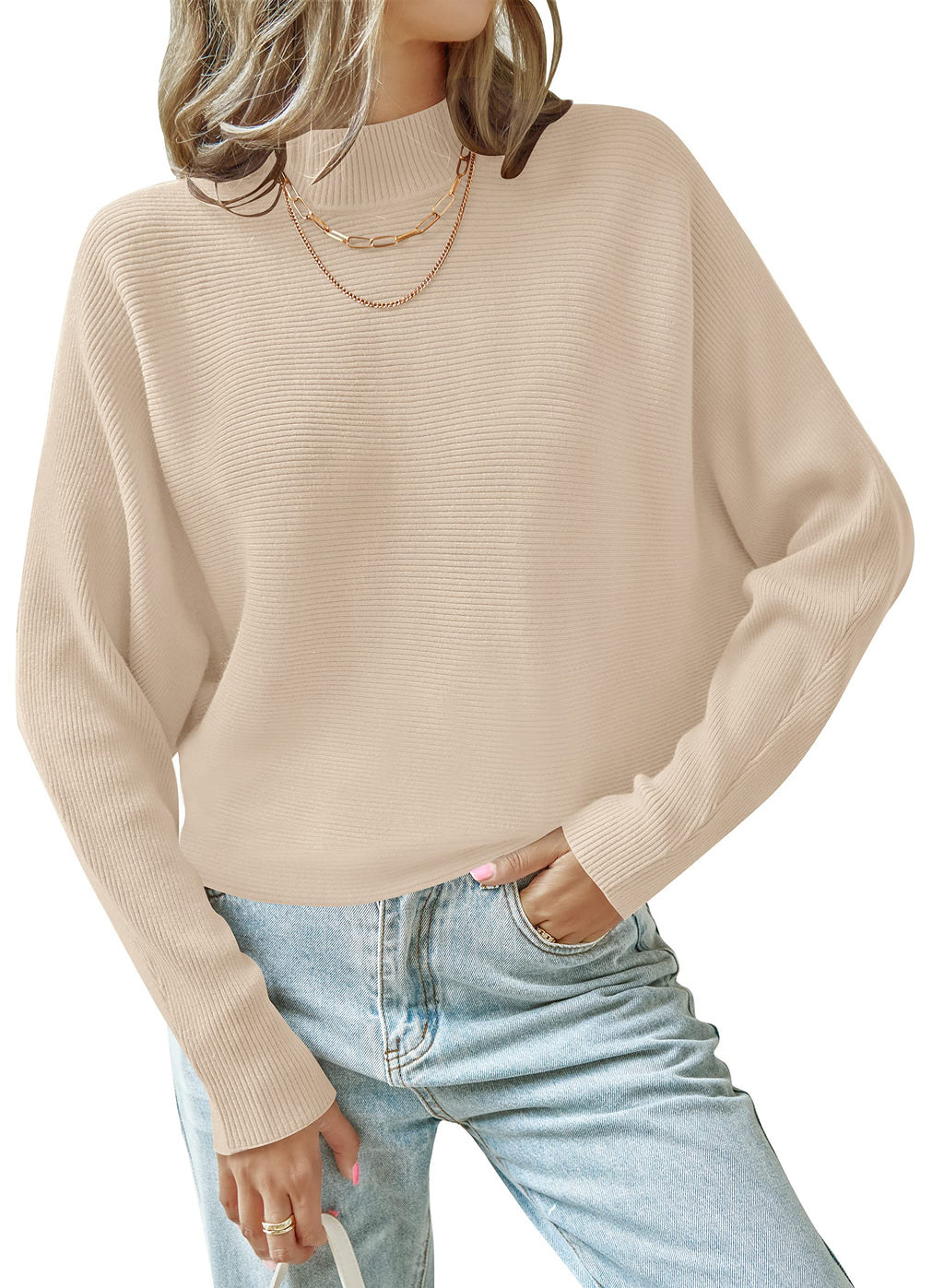 Luxuii Turtleneck Batwing Sleeve Ribbed Knit Sweater