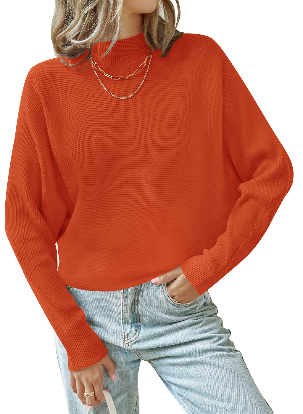 Luxuii Turtleneck Batwing Sleeve Ribbed Knit Sweater