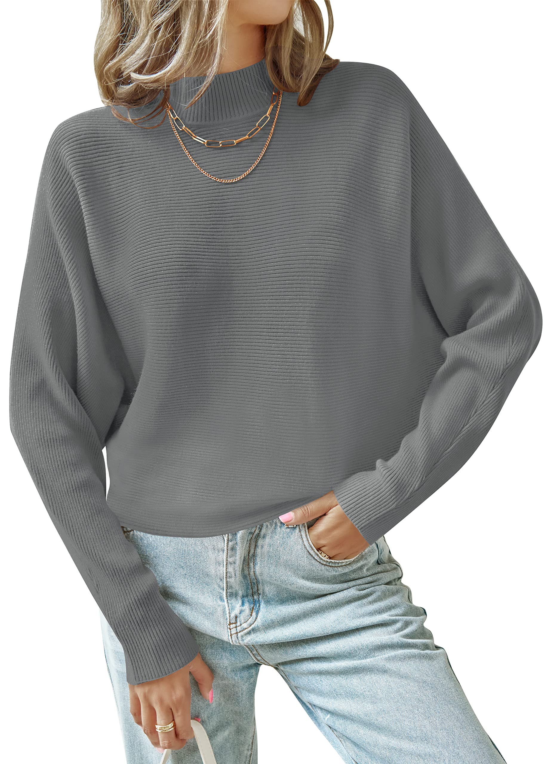 Luxuii Turtleneck Batwing Sleeve Ribbed Knit Sweater