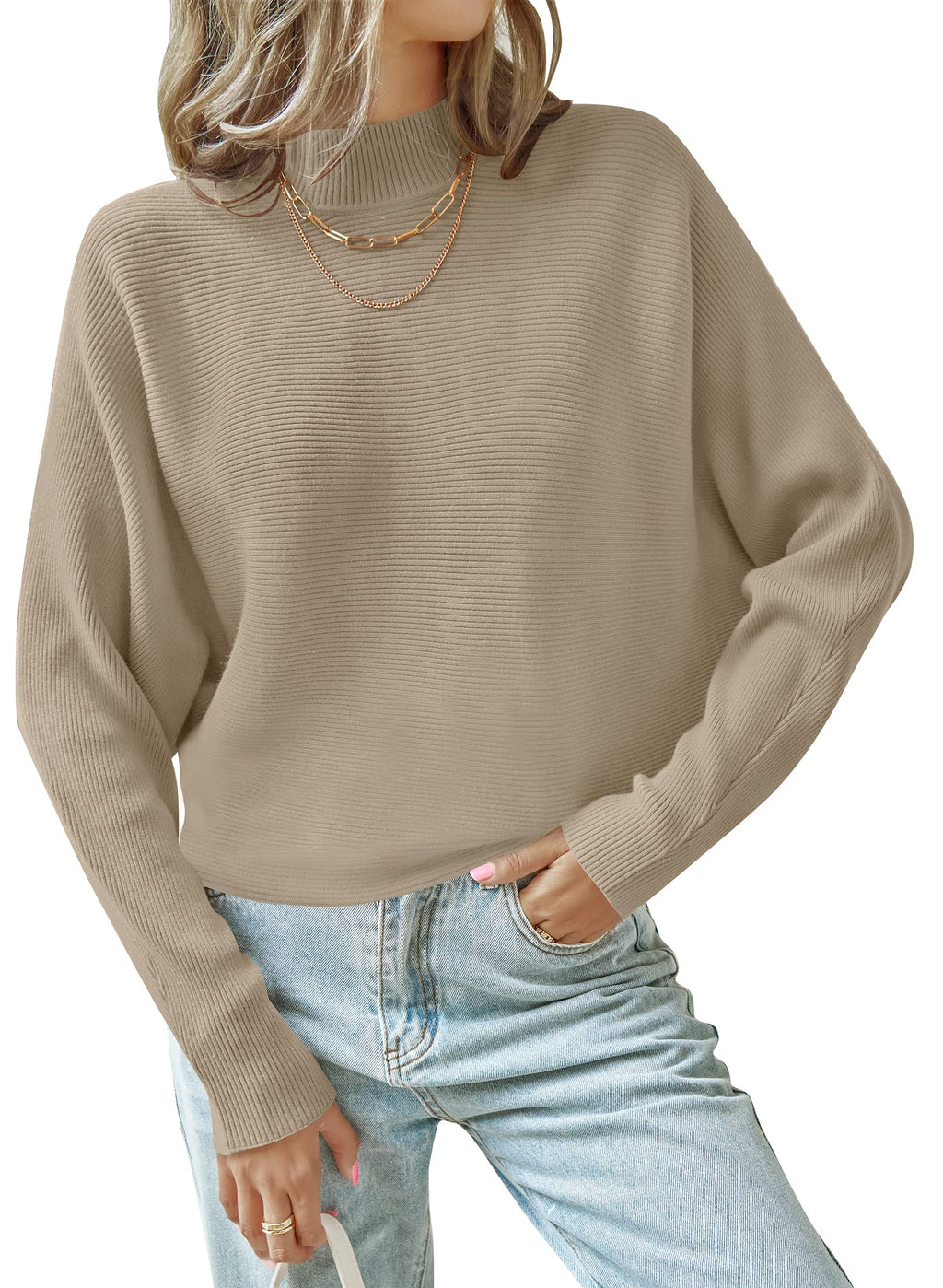 Luxuii Turtleneck Batwing Sleeve Ribbed Knit Sweater