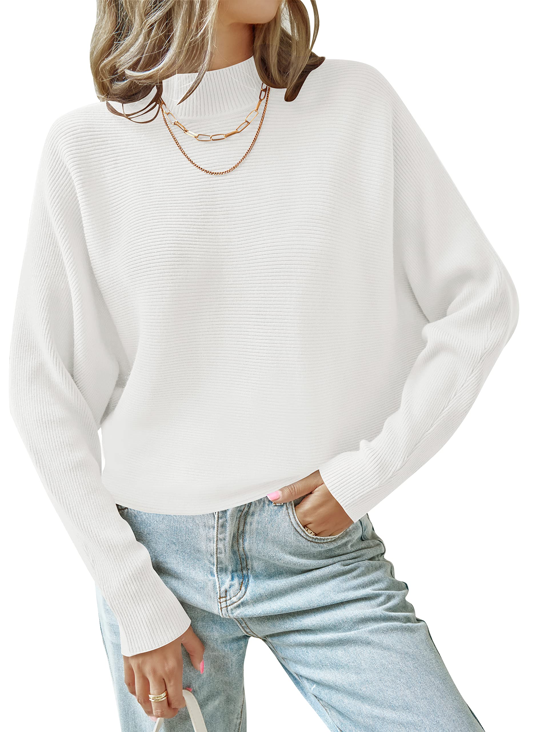 Luxuii Turtleneck Batwing Sleeve Ribbed Knit Sweater