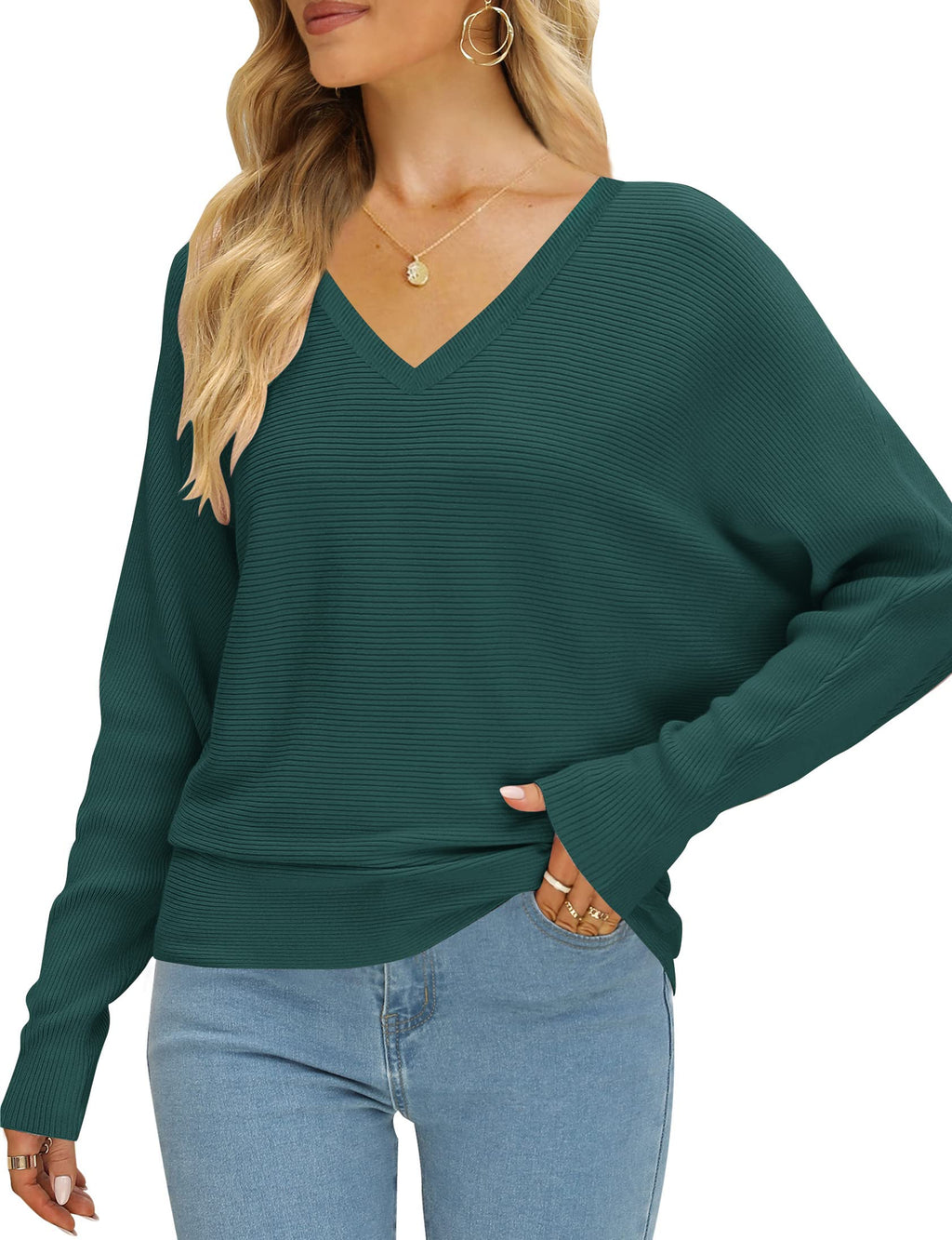 Luxuii Turtleneck Batwing Sleeve Ribbed Knit Sweater