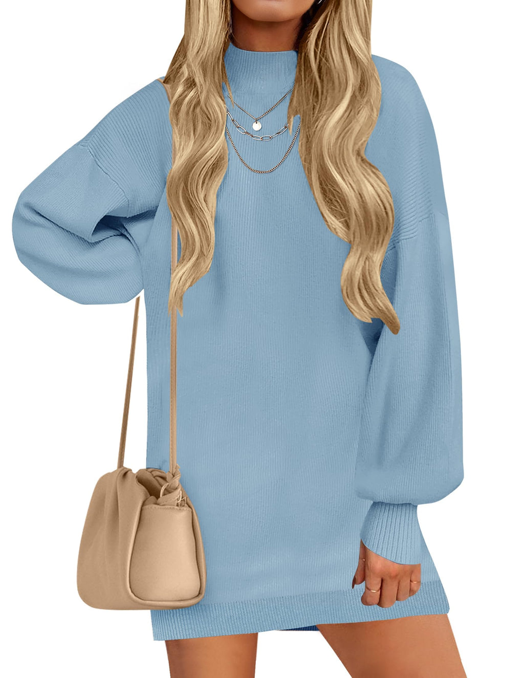 Luxuii Turtleneck Long Lantern Sleeve Knit Pullover Sweater Dress
