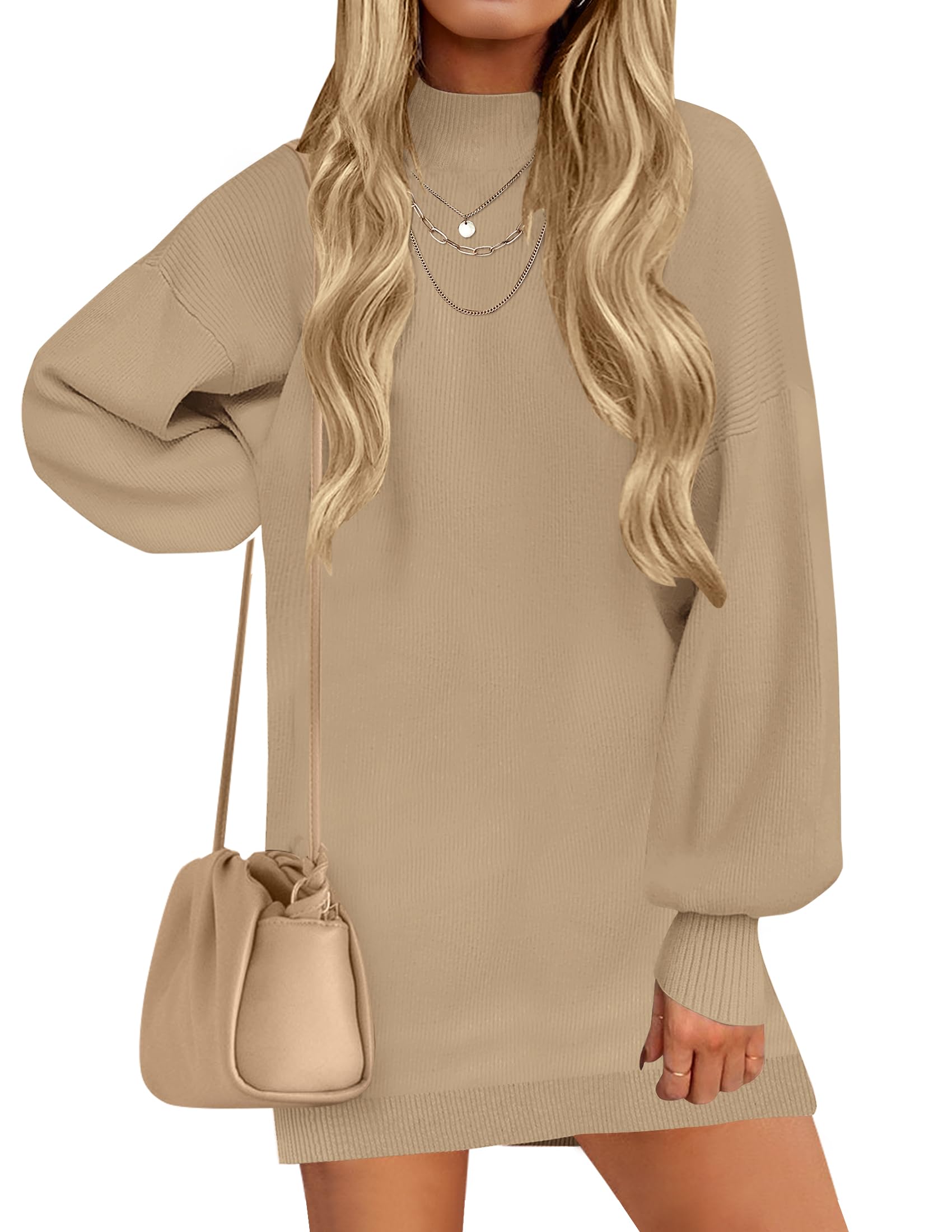Luxuii Turtleneck Long Lantern Sleeve Knit Pullover Sweater Dress
