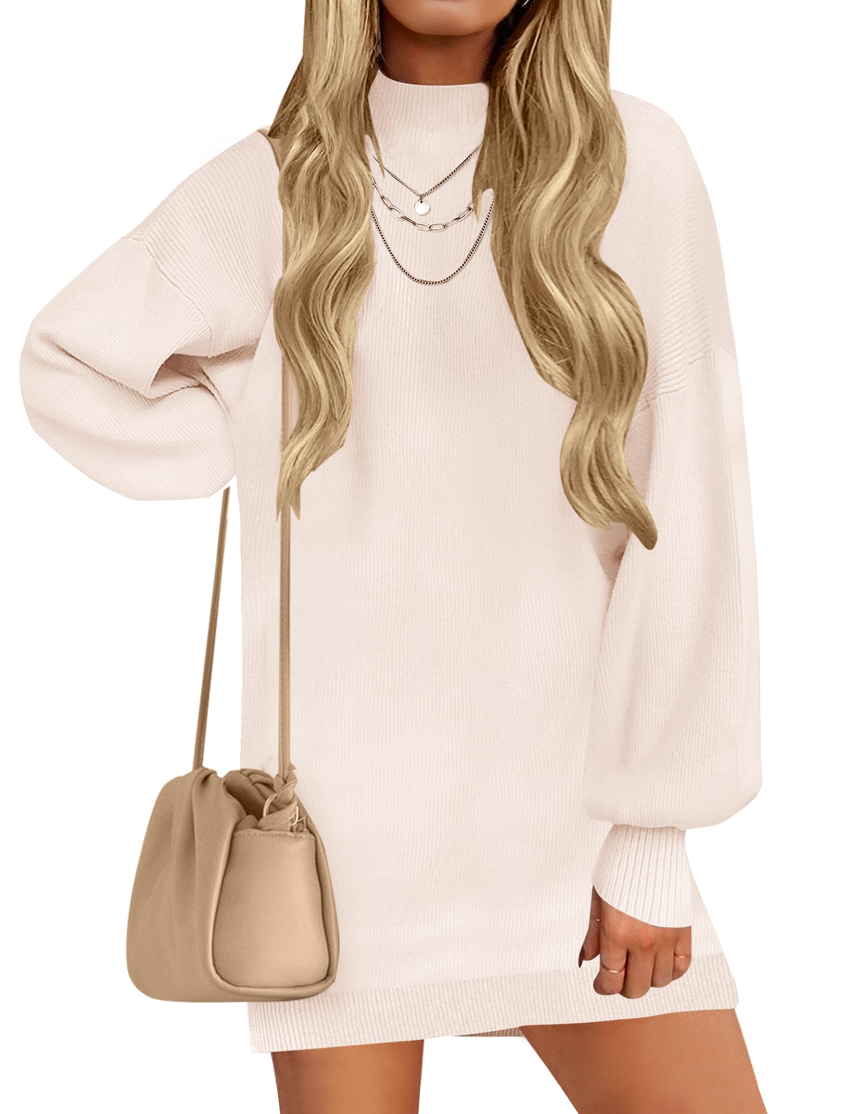 Luxuii Turtleneck Long Lantern Sleeve Knit Pullover Sweater Dress