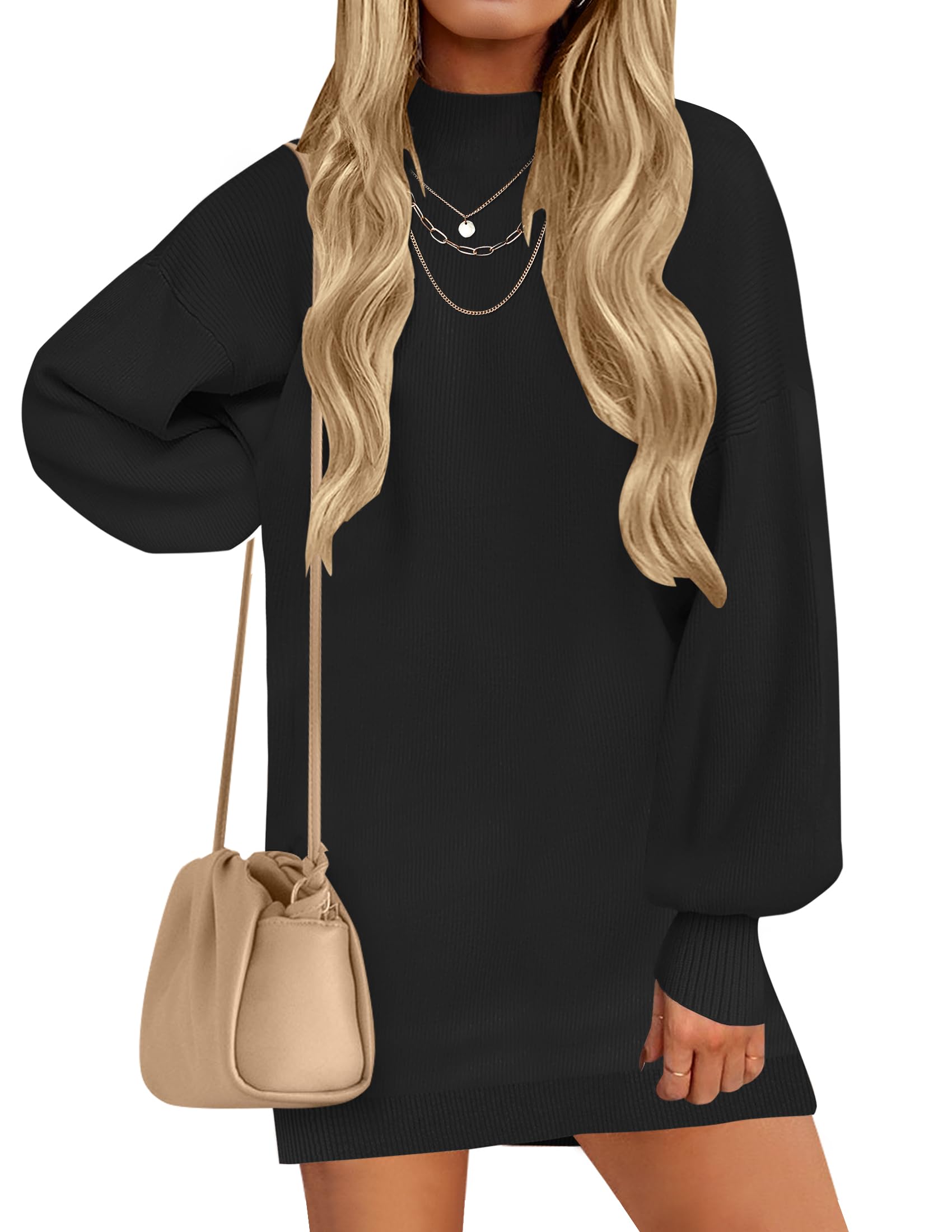 Luxuii Turtleneck Long Lantern Sleeve Knit Pullover Sweater Dress