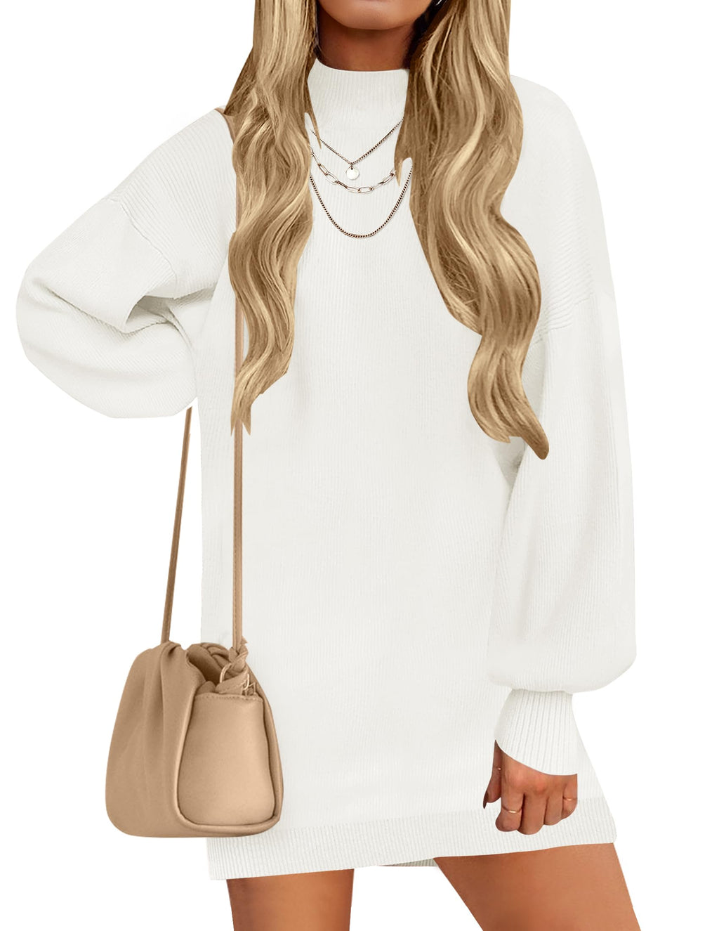 Luxuii Turtleneck Long Lantern Sleeve Knit Pullover Sweater Dress