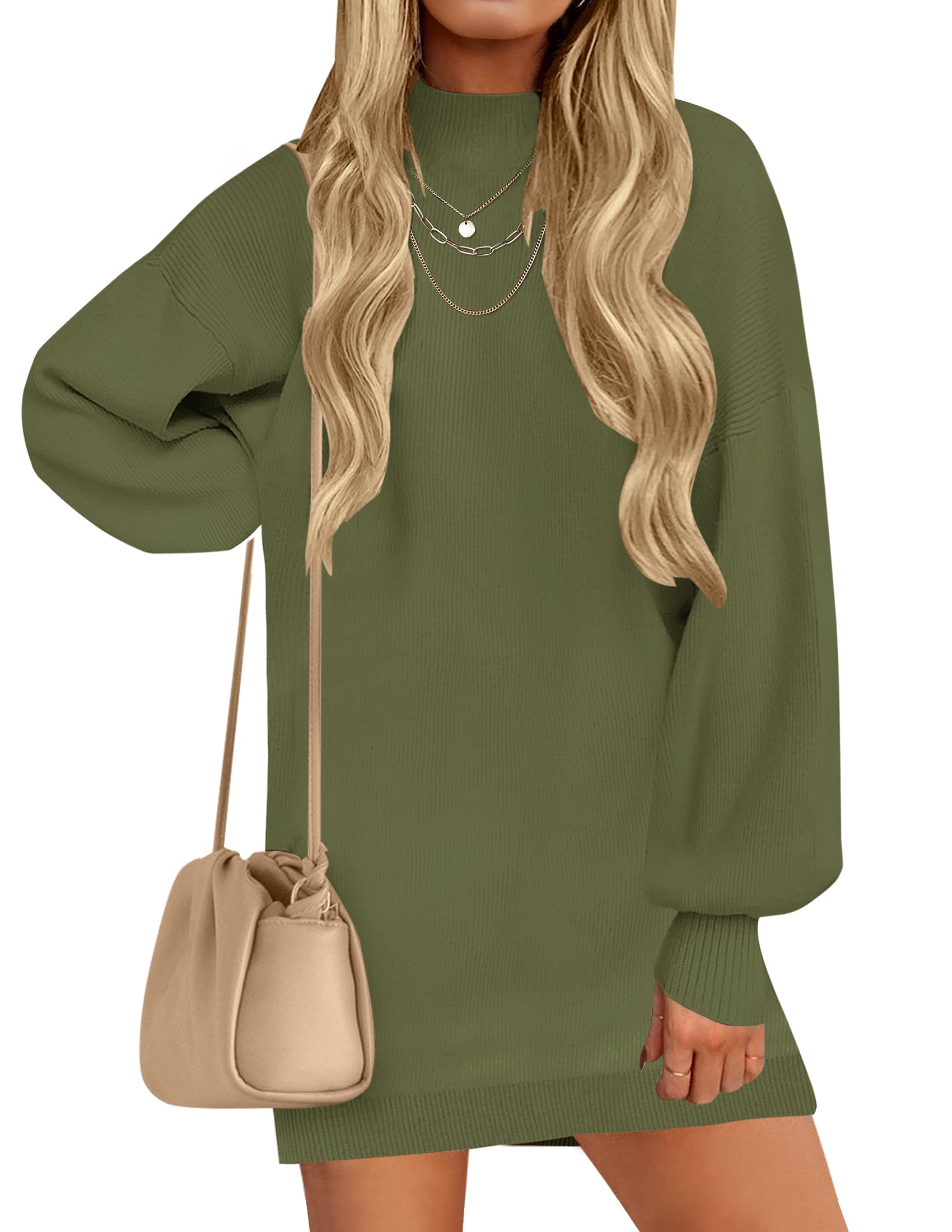 Luxuii Turtleneck Long Lantern Sleeve Knit Pullover Sweater Dress