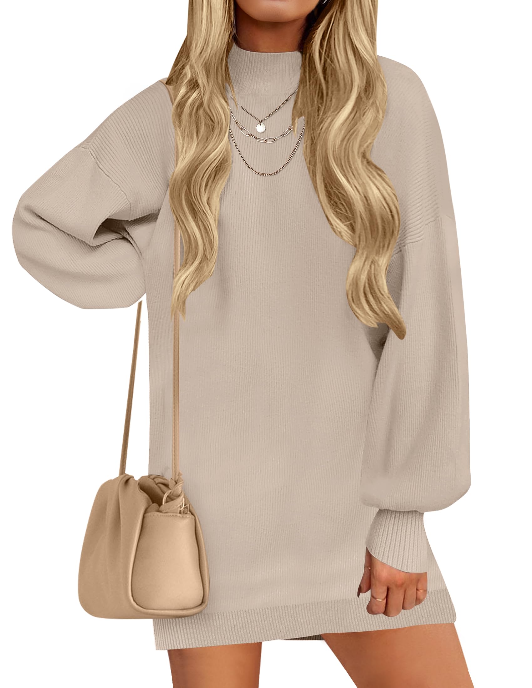 Luxuii Turtleneck Long Lantern Sleeve Knit Pullover Sweater Dress