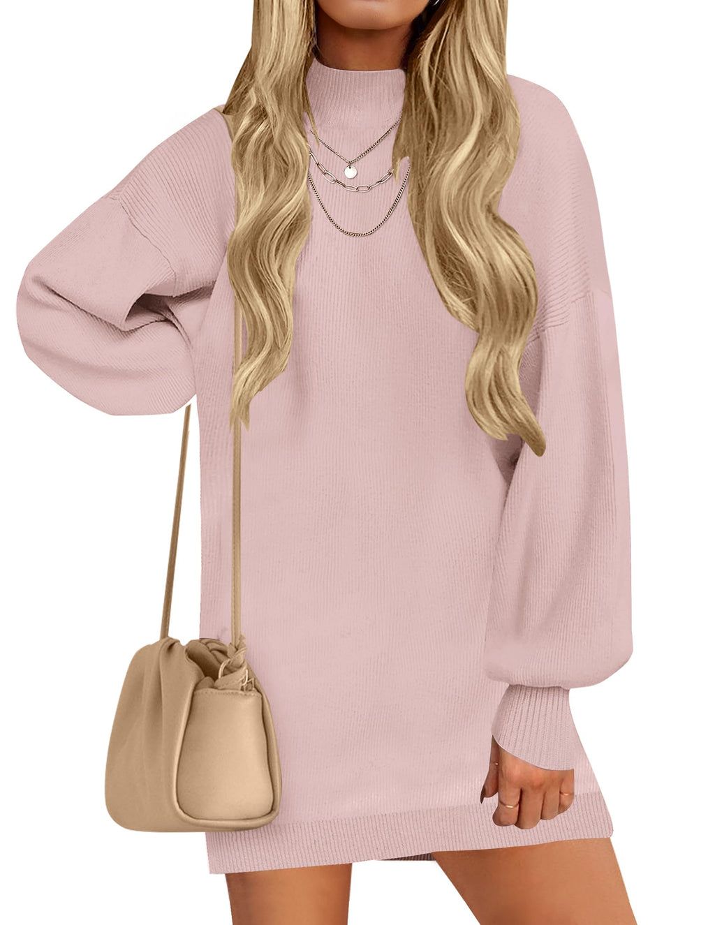 Luxuii Turtleneck Long Lantern Sleeve Knit Pullover Sweater Dress