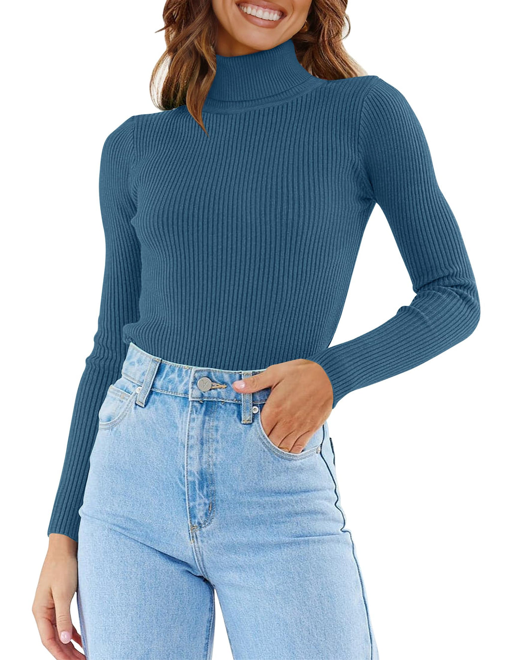 Luxuii Turtleneck Long Sleeve Ribbed Knit Sweater Shirt