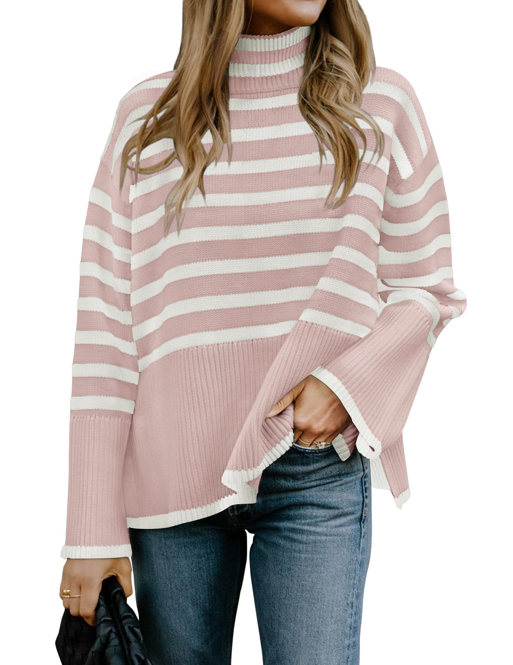 Luxuii Turtleneck Striped Side Slit Loose Pullover Sweater