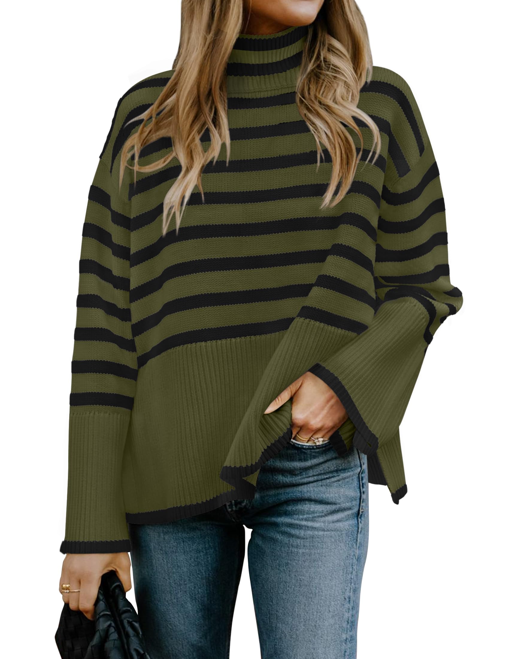 Luxuii Turtleneck Striped Side Slit Loose Pullover Sweater