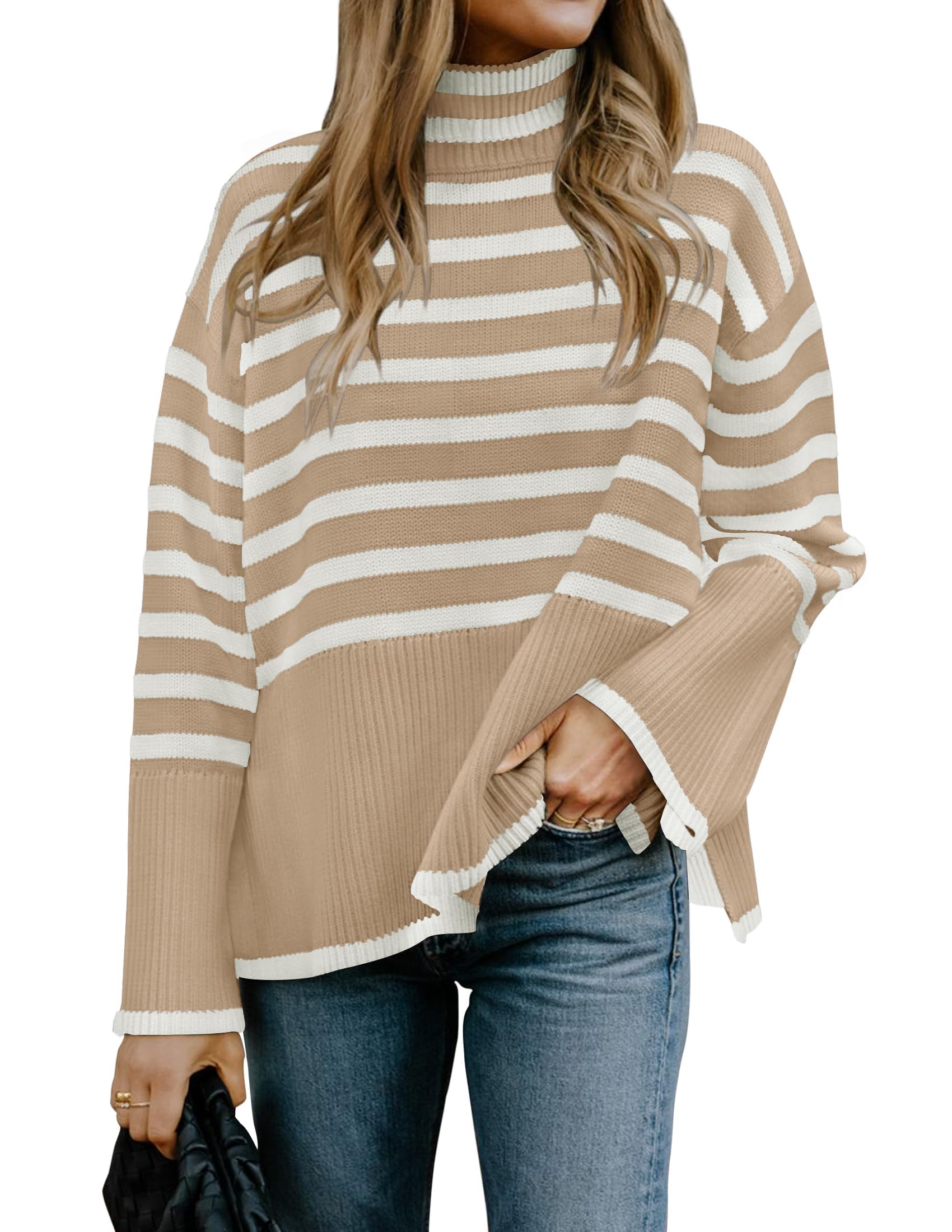 Luxuii Turtleneck Striped Side Slit Loose Pullover Sweater