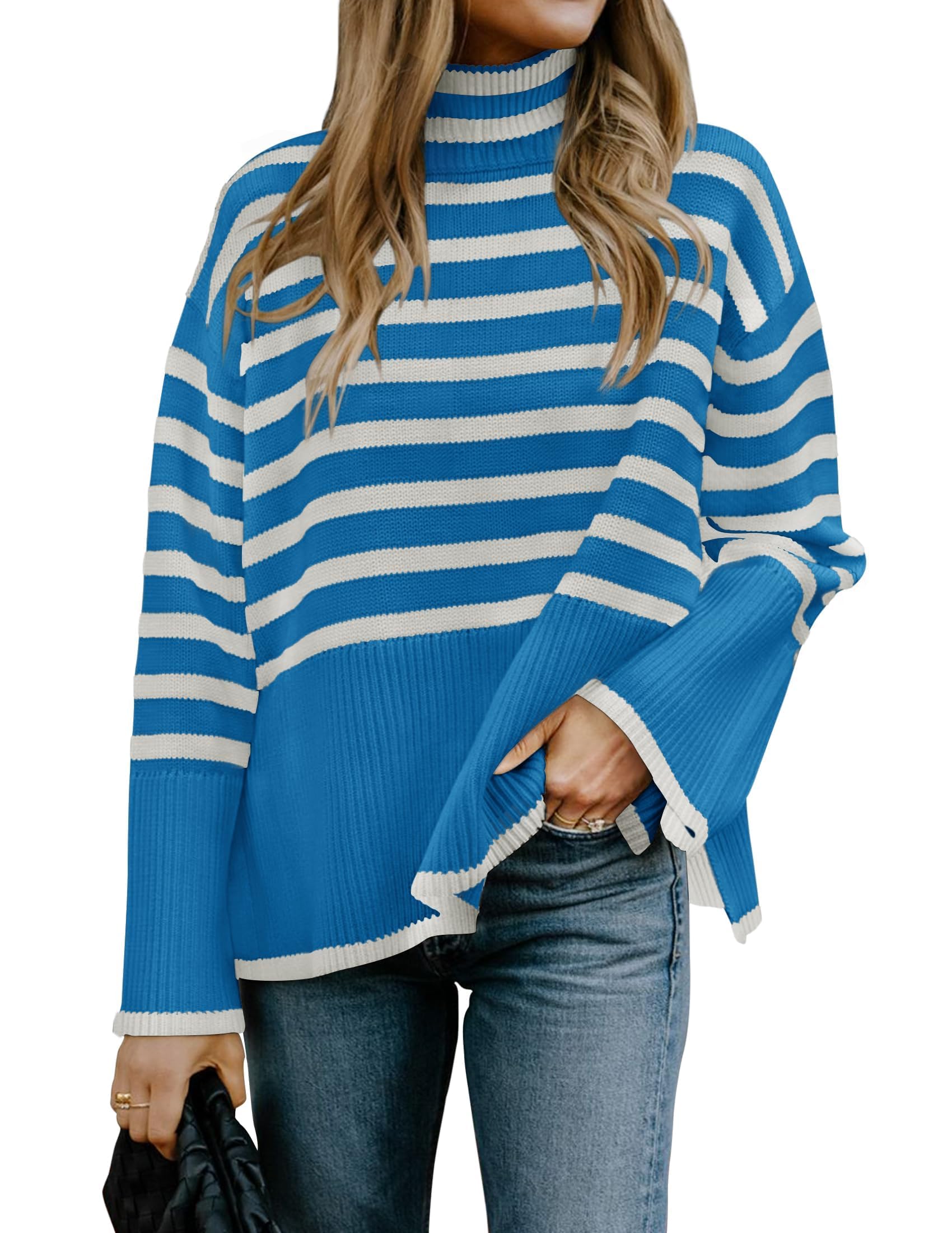 Luxuii Turtleneck Striped Side Slit Loose Pullover Sweater