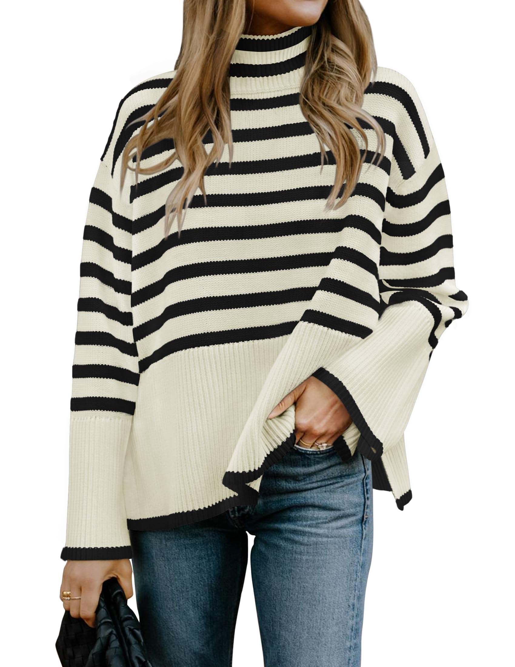 Luxuii Turtleneck Striped Side Slit Loose Pullover Sweater