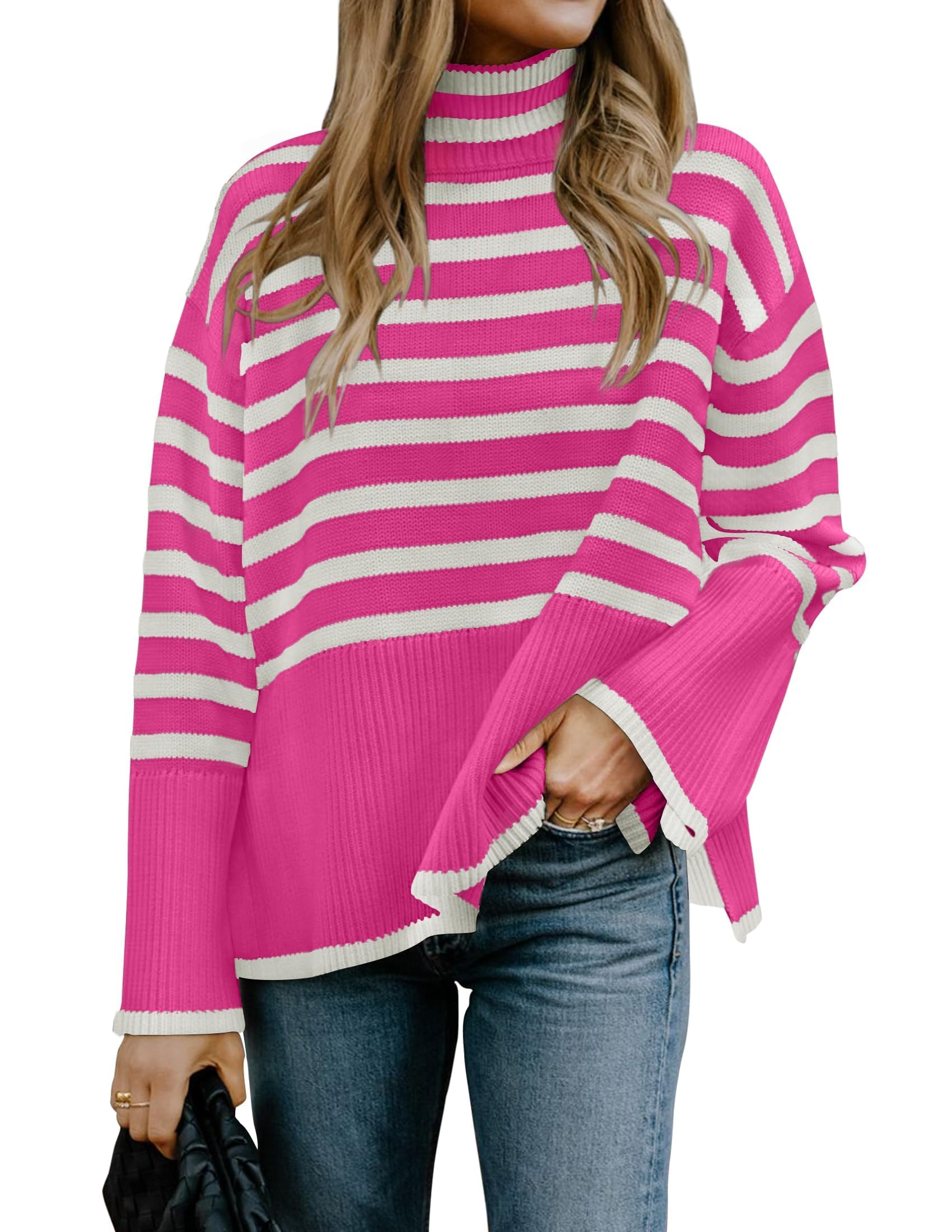 Luxuii Turtleneck Striped Side Slit Loose Pullover Sweater