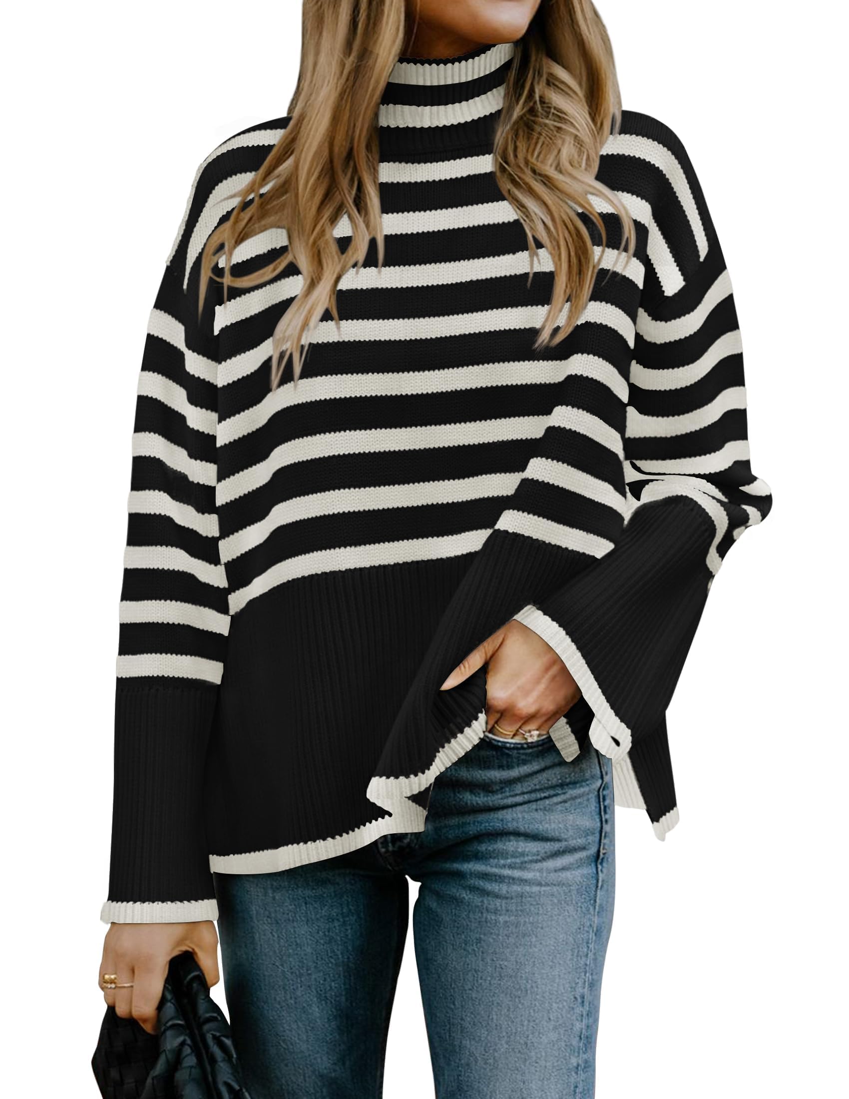 Luxuii Turtleneck Striped Side Slit Loose Pullover Sweater