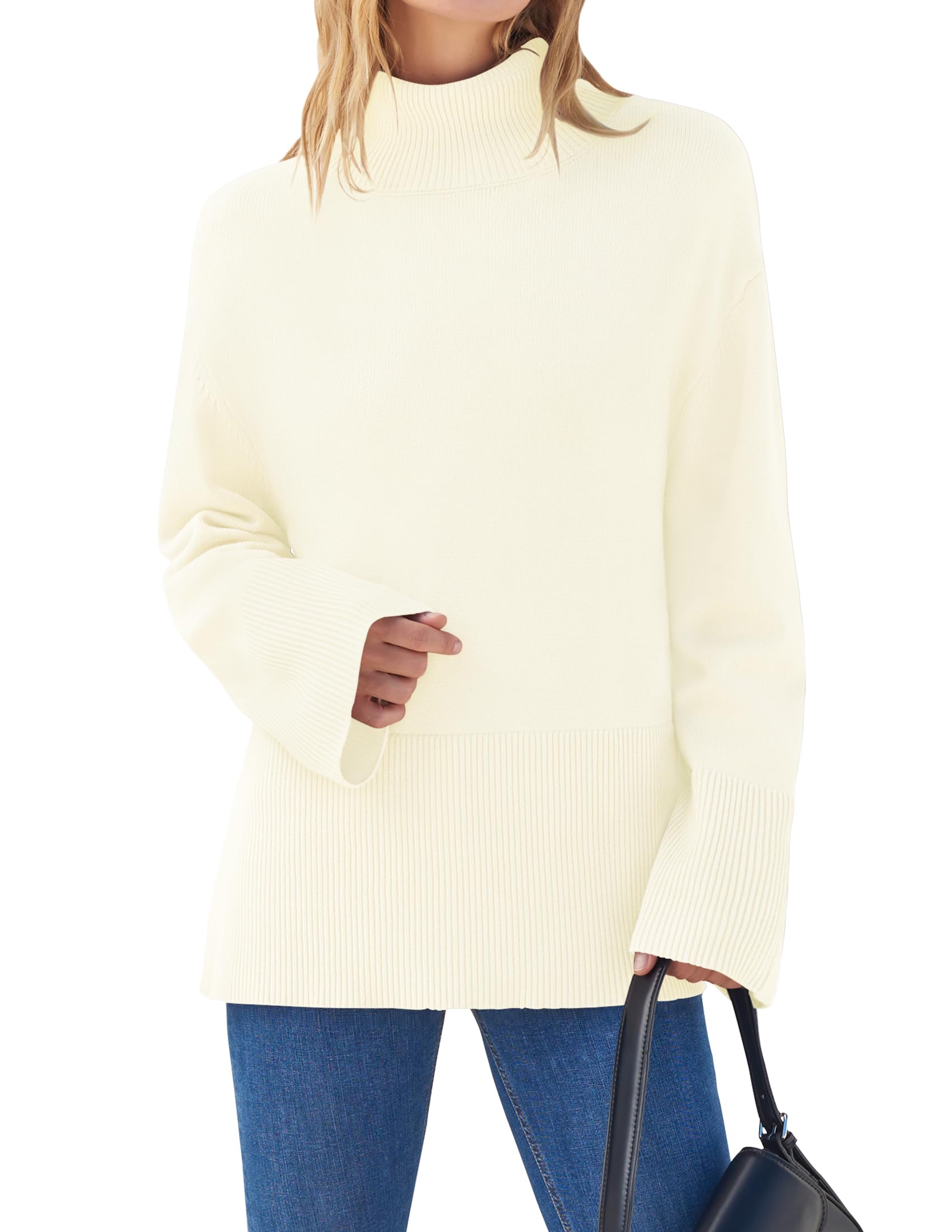 Luxuii Turtleneck Striped Side Slit Loose Pullover Sweater