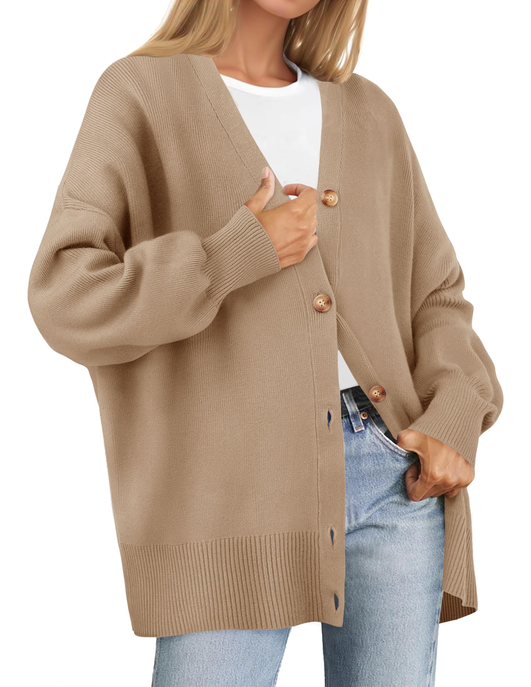 Luxuii V Neck Button Down Open Front Oversized Knit Cardigan