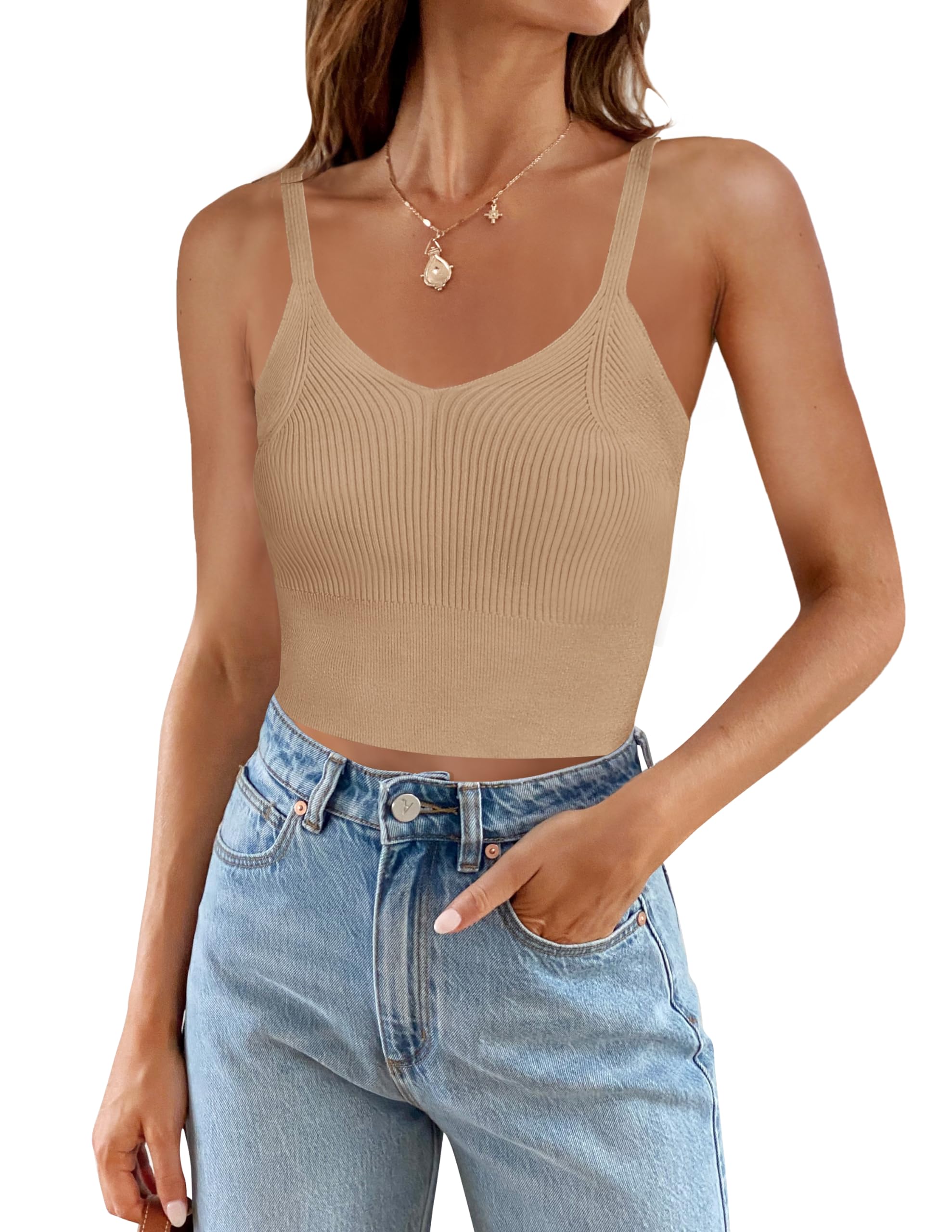 Luxuii V Neck Ribbed Spaghetti Strap Crop Tank Top