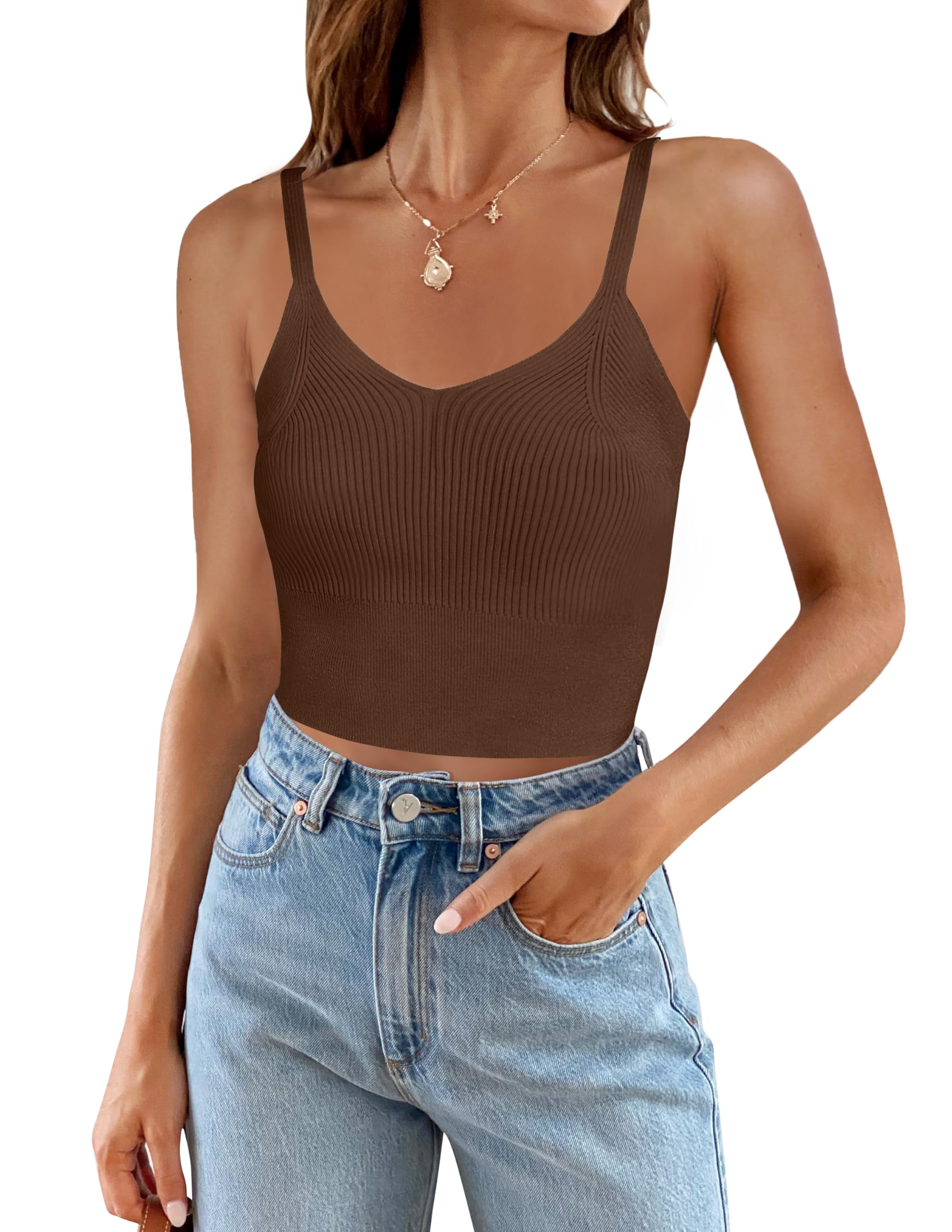 Luxuii V Neck Ribbed Spaghetti Strap Crop Tank Top