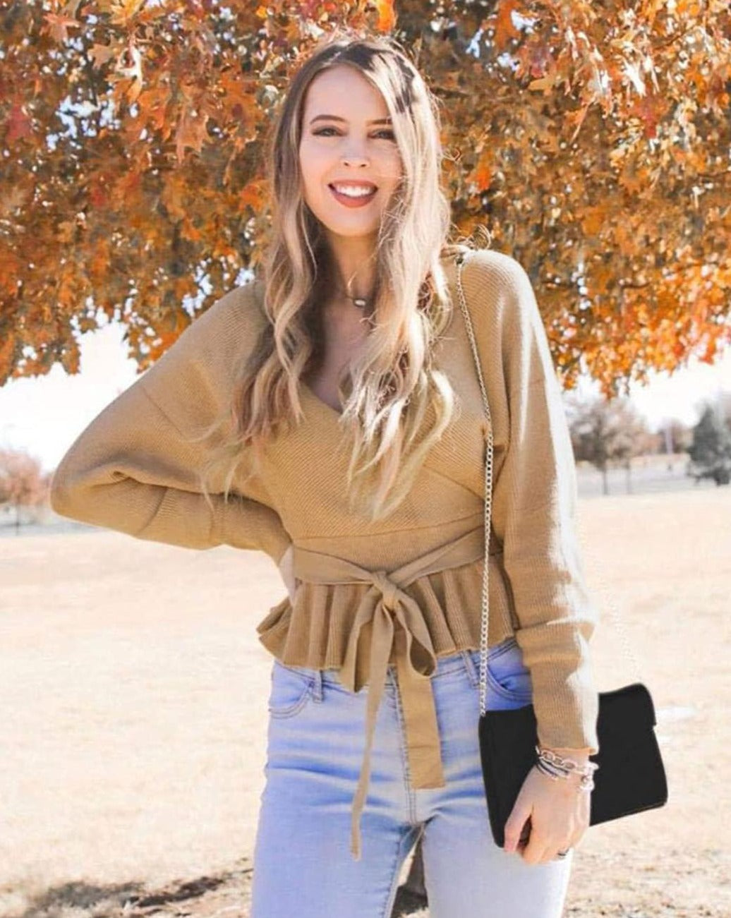 Luxuii Wrap Ruffle Belted Waist Knitted Sweater Pullover